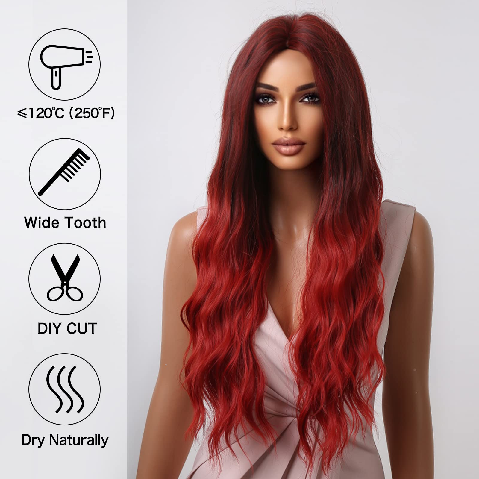 Perruque Synthétique Longue Bouclée Rouge - 65cm, Avec Bonnet, Taille Moyenne