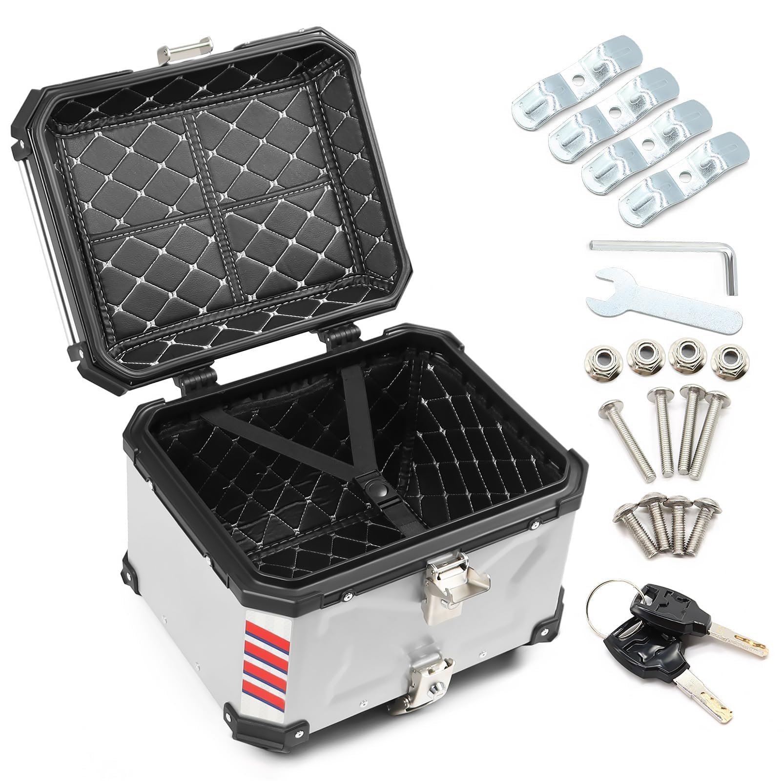 Black Silver Motorcycle Top Case 45L 65L Aluminum Trunk Tail Box With Lock and Dual Keys (Silver, 45L)