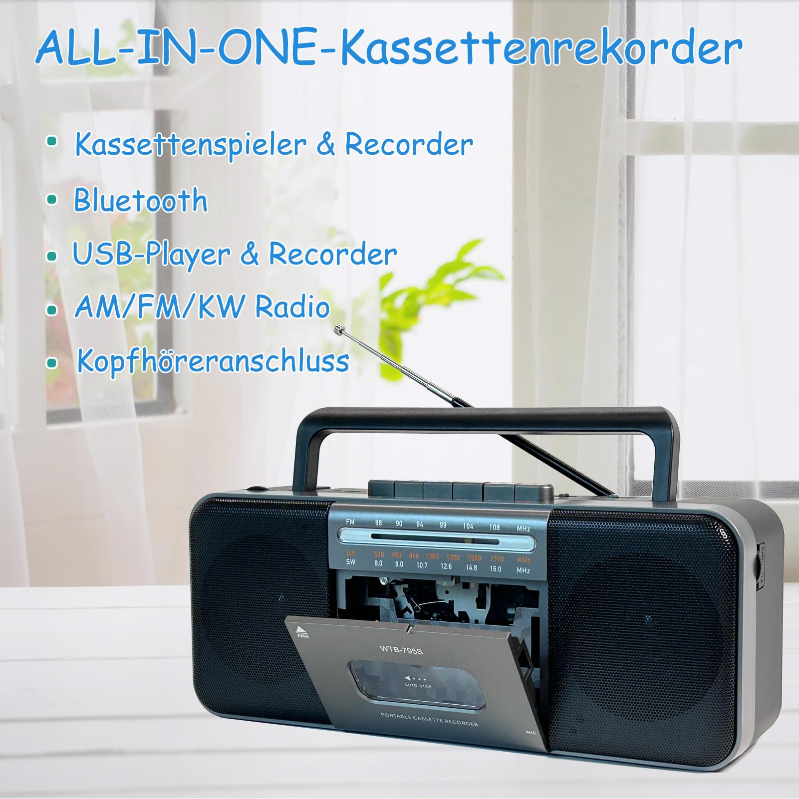 Lettore di cassette AM/FM/SW Bluetooth 10W portatile convertitore MP3 USB
