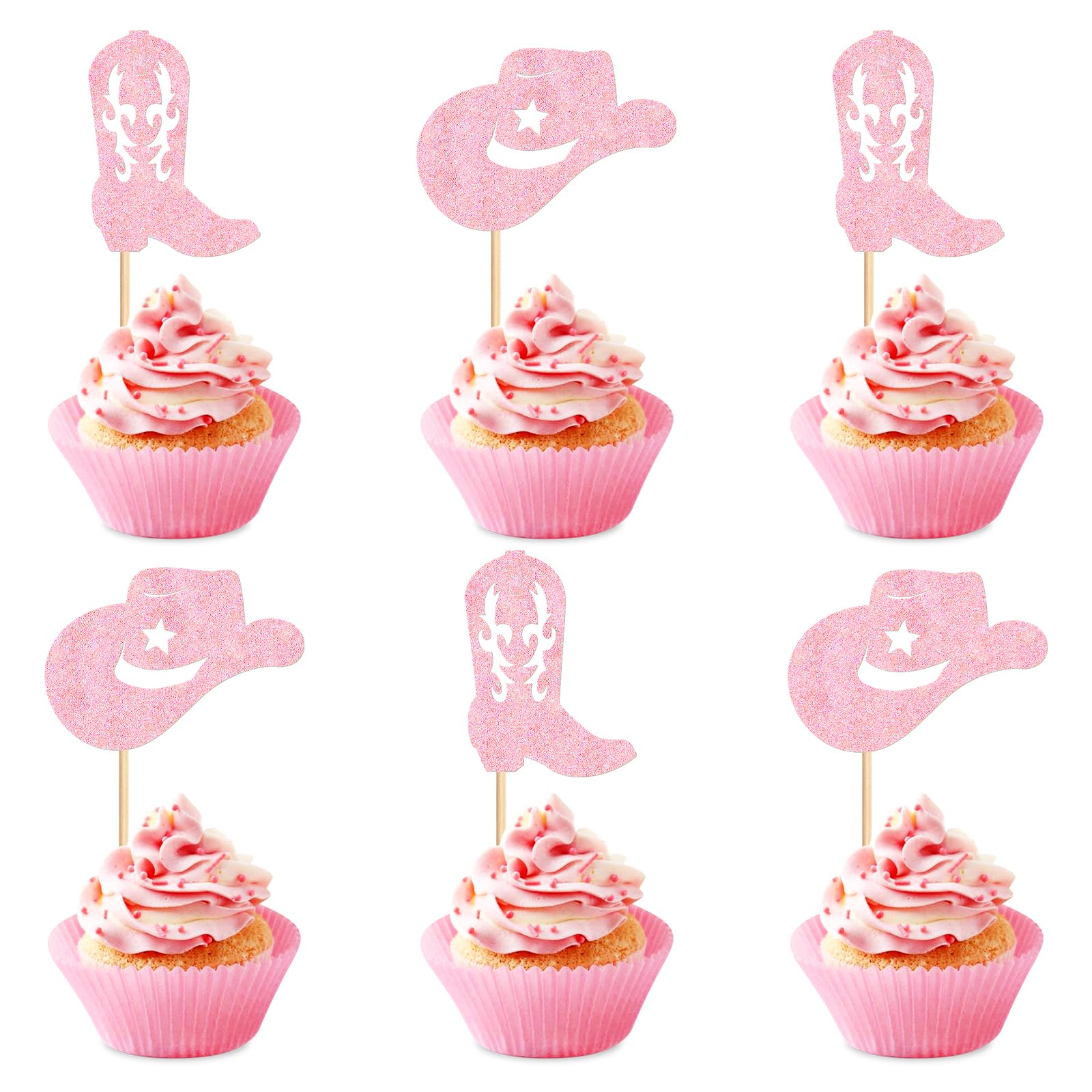 24Pcs Glitter Pink Boots Cowboy Hat Cupcake Toppers for Western Baby Girls Birthday Cowgirls Baby Shower Party Cake Cupcake Decorations Pink Cowgirl