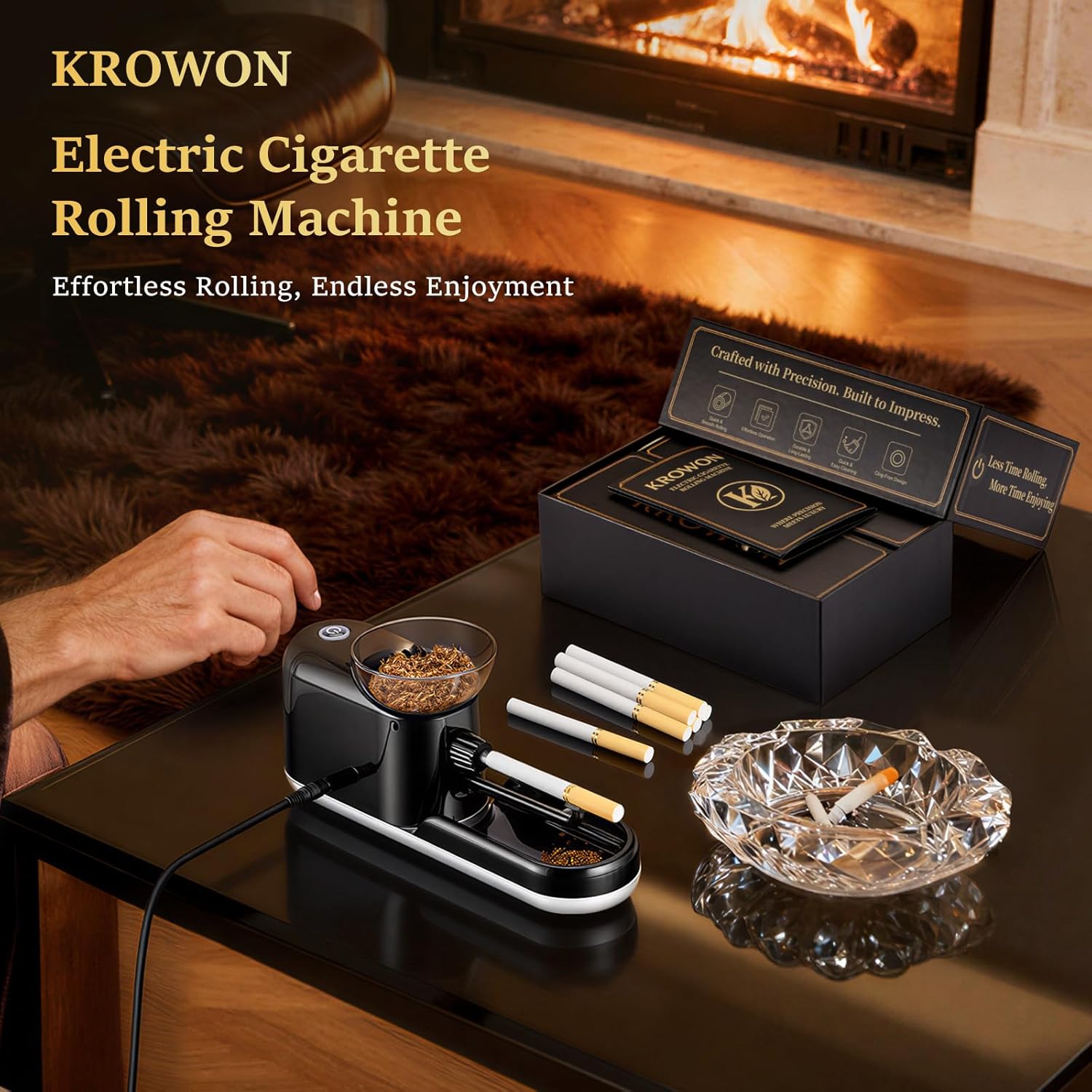 Electric Cigarette Rolling Machine, Automatic Cigarette Maker, One-Touch Operation, Complete All-in-One Accessories Kit, Elegant Gift-Ready Design (Matte Black)