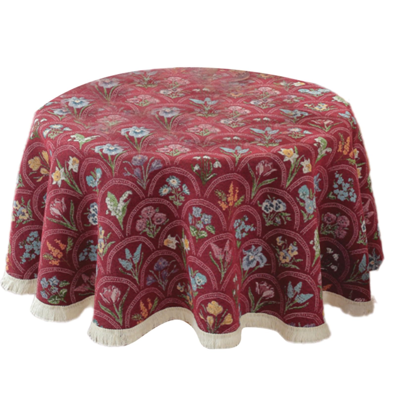 Nucelit Round Kitchen Tablecloth Fringes Designs Wrinkles Spillproofs Polyester for Indoor Outdoor Round Tablecloth Polyester