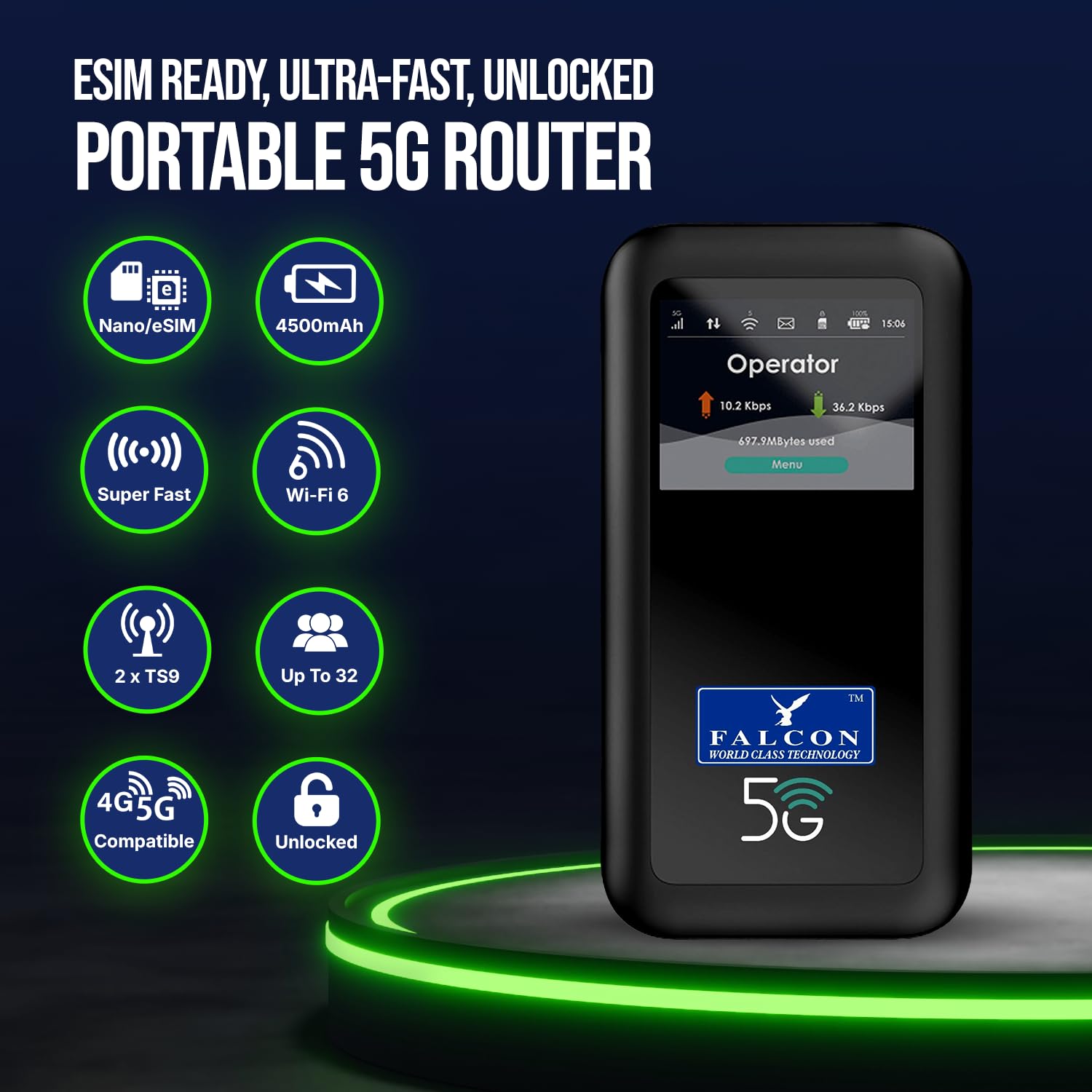 Falcon EVO Mobile Deluxe – Portable 5G Amplified Antenna Including 3400Mbps 5G Portable Router (Nano & eSIM Compatible) + Accessories