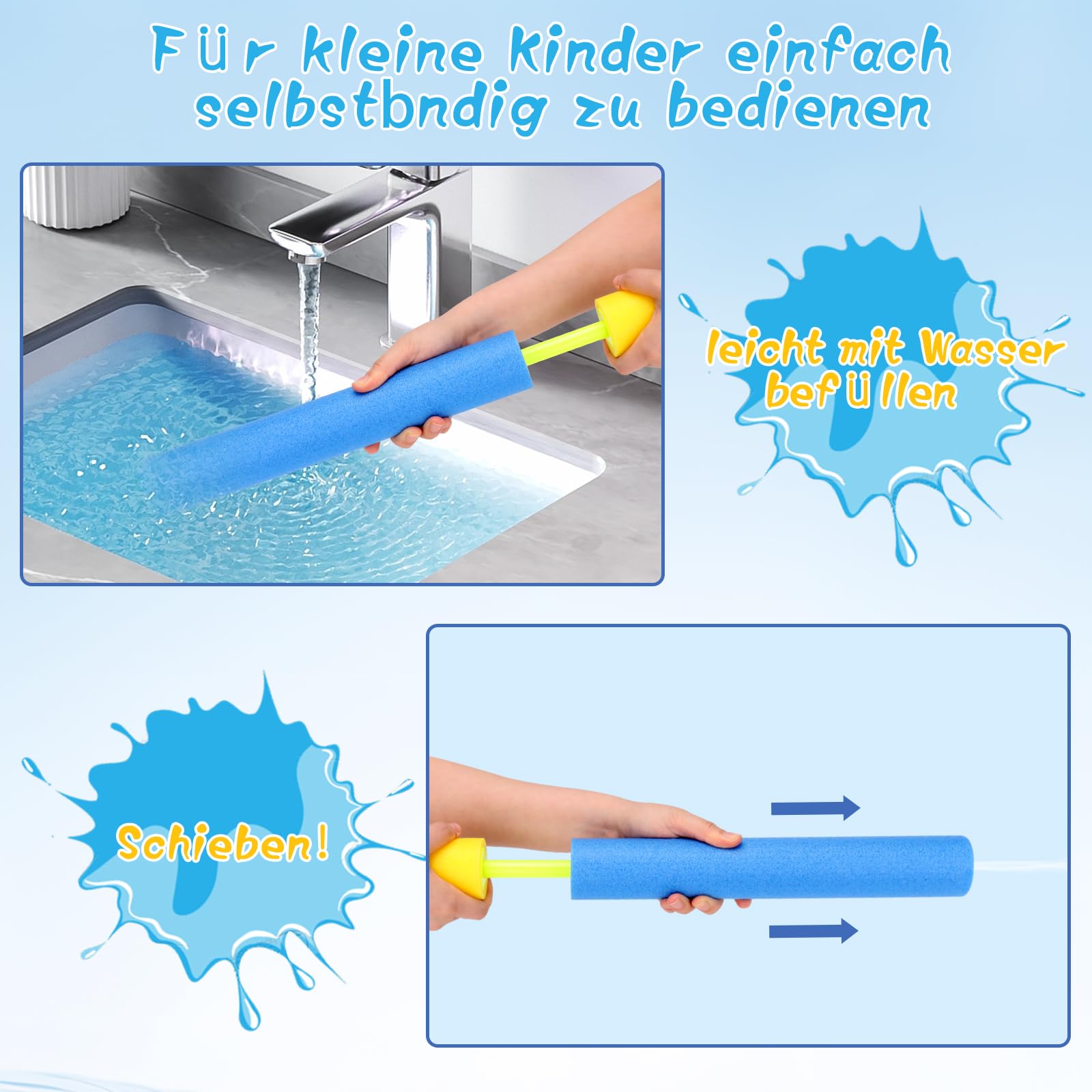 4 Stück Wasserpistole Kinder, 38cm Schaumstoff Wasserpistolen, Spritzpistole Wasser Bunte, Party Strand Pool Strandspielzeug für Jungen und Mädchen