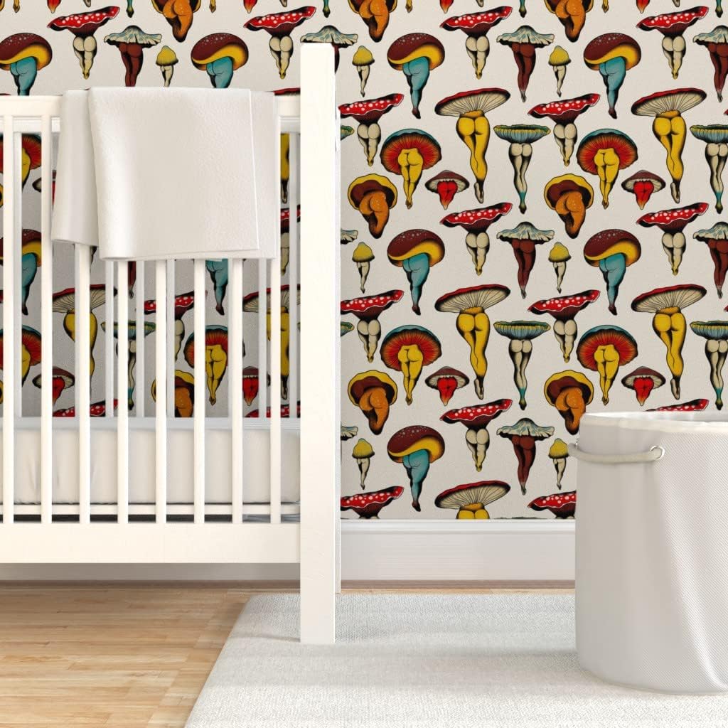 Removable Wallpaper 9ft x 2ft - Mushroom Booty Vintage Cute Kitsch Cottagecore Colorful Retro Custom Pre-Pasted Wallpaper by Spoonflower