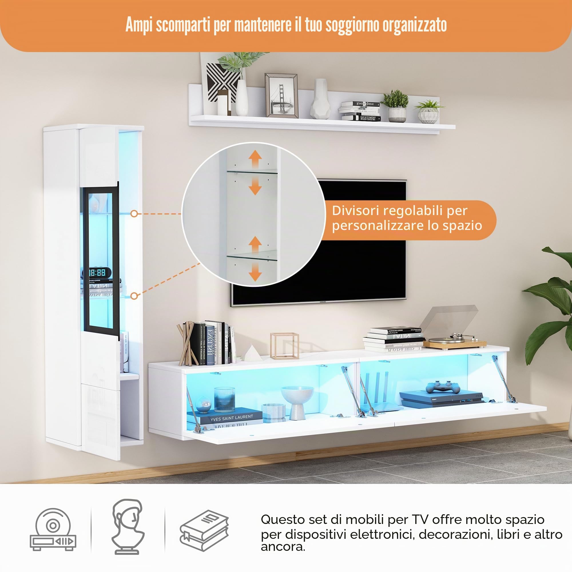 KAZZIO Set da parete per TV, 3 pezzi, illuminazione a LED, lucido, per soggiorno, 1 armadio per TV, 1 vetrina per soggiorno, 1 mensola da appendere (bianco)