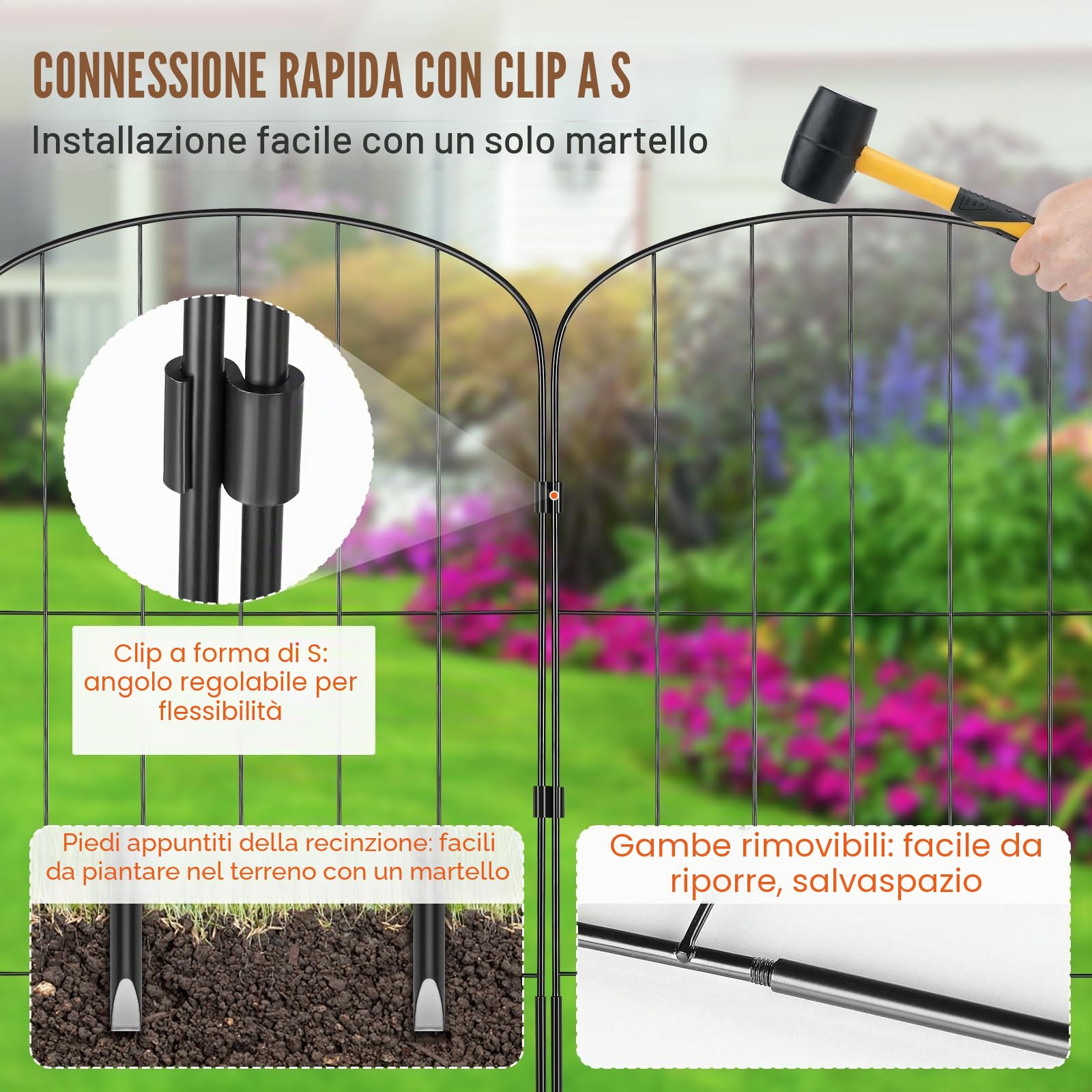 VEVOR Recinzione da Giardino in Metallo 61x33 cm da 10 Barriera per Animali Domestici Senza Scavo 5,08 cm Spaziatura dei Picchi, Recinzione Decorativa in Metallo 10 Pezzi per Giardino Cortile Aiuola