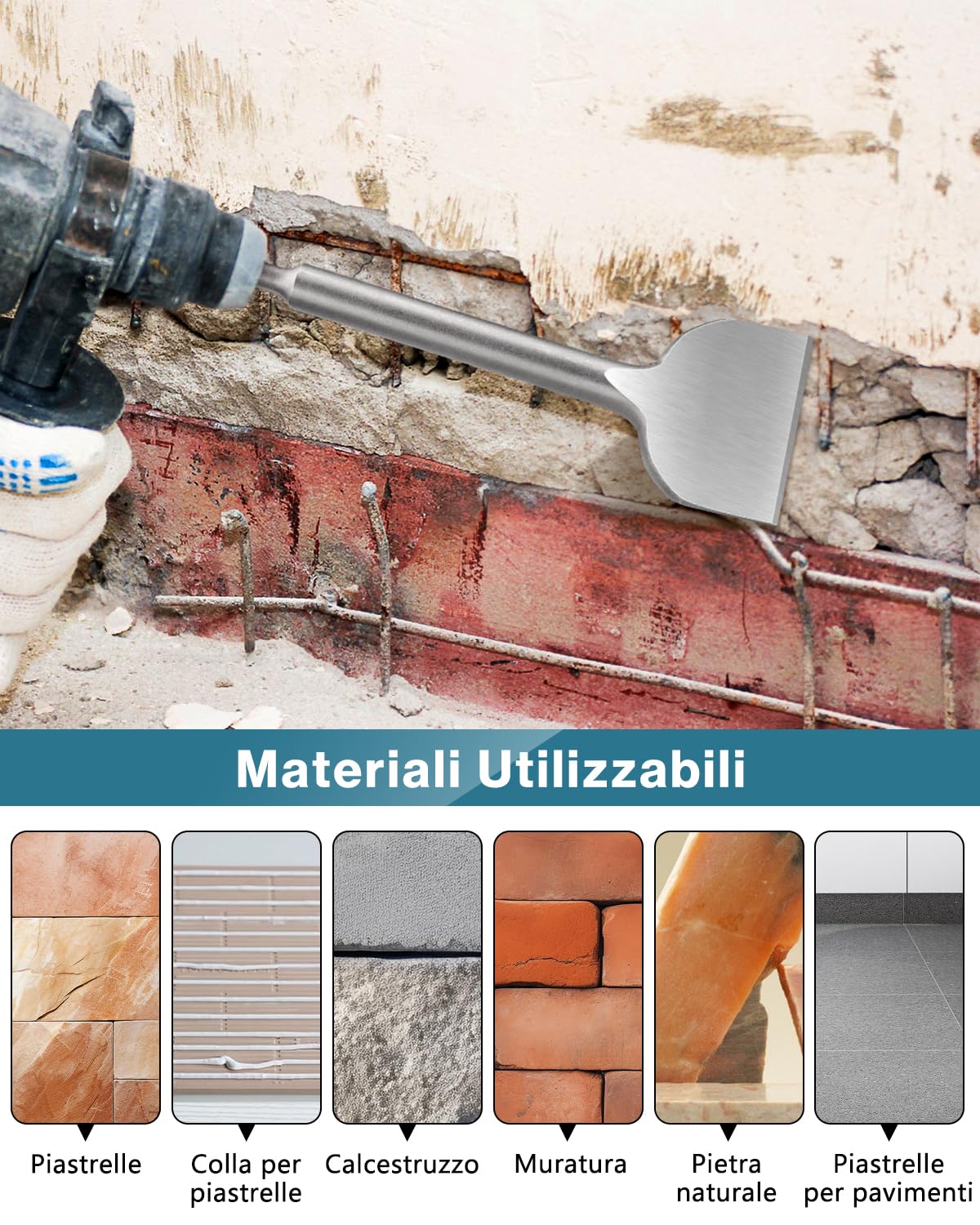 Lytool Scalpello SDS Plus 250 x 75mm - Acciaio Temprato 40Cr per Piastrelle, Colla, Malta, Cemento - Punta Piatta Professionale Compatibile con Bosch, Hilti, Makita