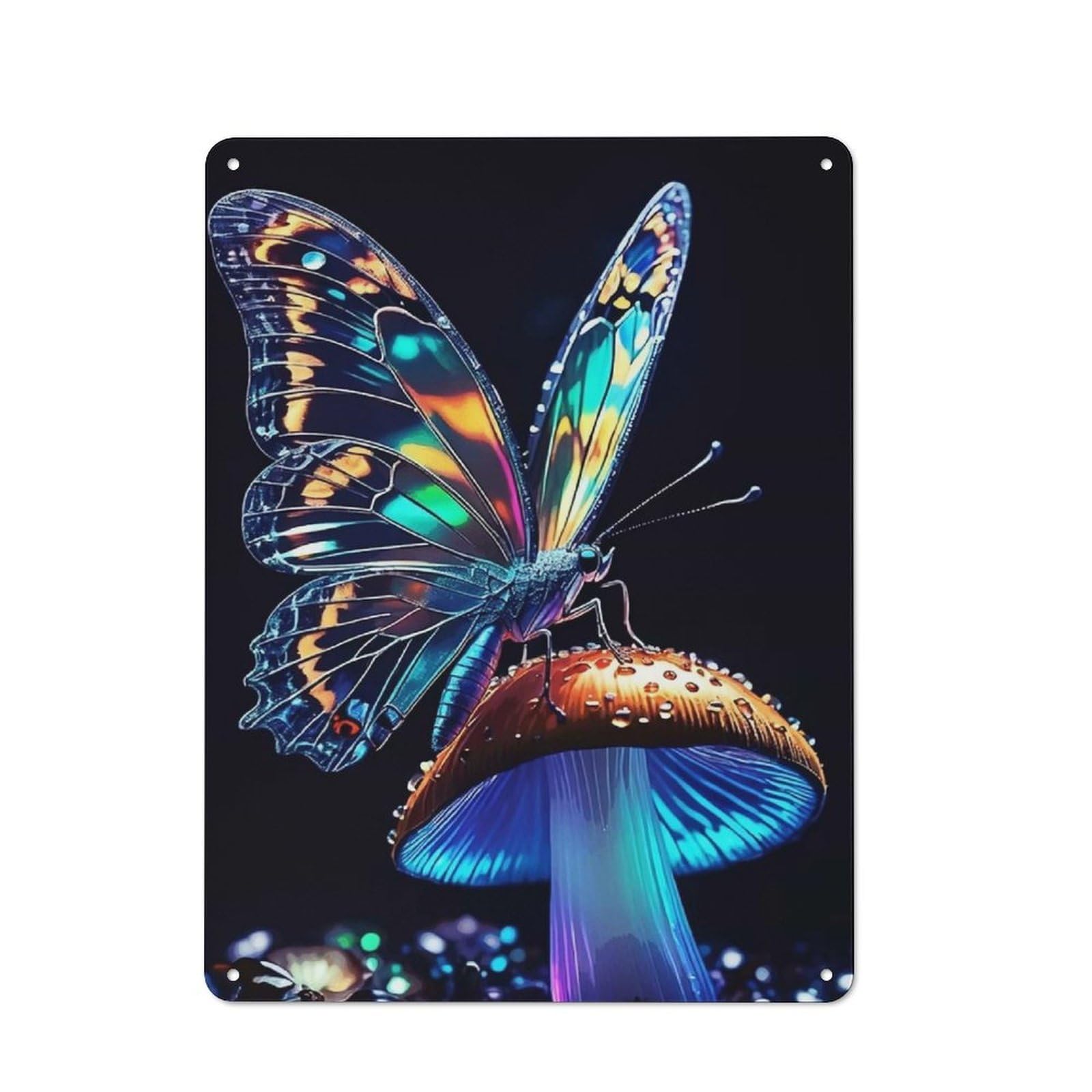 Junmoney Style-1 Retro Metal Wall Sign 40X30cm Featuring Butterfly Mushroom Cristal For Garage Wall, For Garage, Workshop And Man Cave Decoration