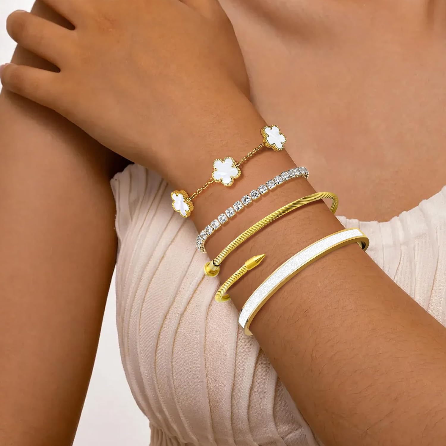 Gold Bracelets for Women, 18K Gold Plated Tennis Nail Clover love Bangle Bracelets Set Non Tarnish, Stainless Steel Trendy Stackable Bracelet Fashion Jewelry Accessories Gifts for Christmas - Image 2