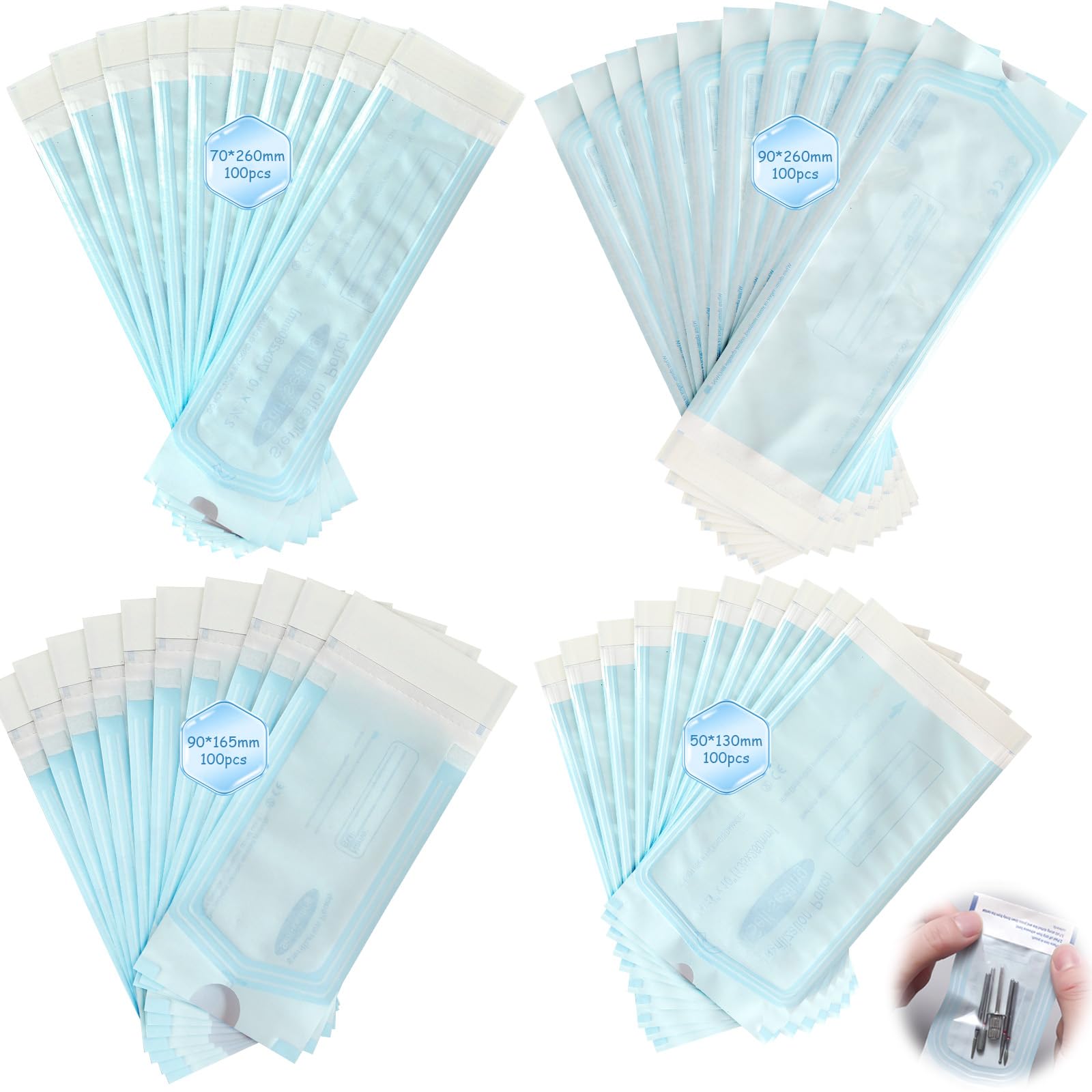 Lot de 400 sachets de stérilisation, 90 mm x 260 mm + 90 mm x 165 mm + 70 mm x 260 mm + 57 mm x 130 mm, sachets de stérilisation, autocollants jetables pour outils de nettoyage, sacs auto-stérilisants