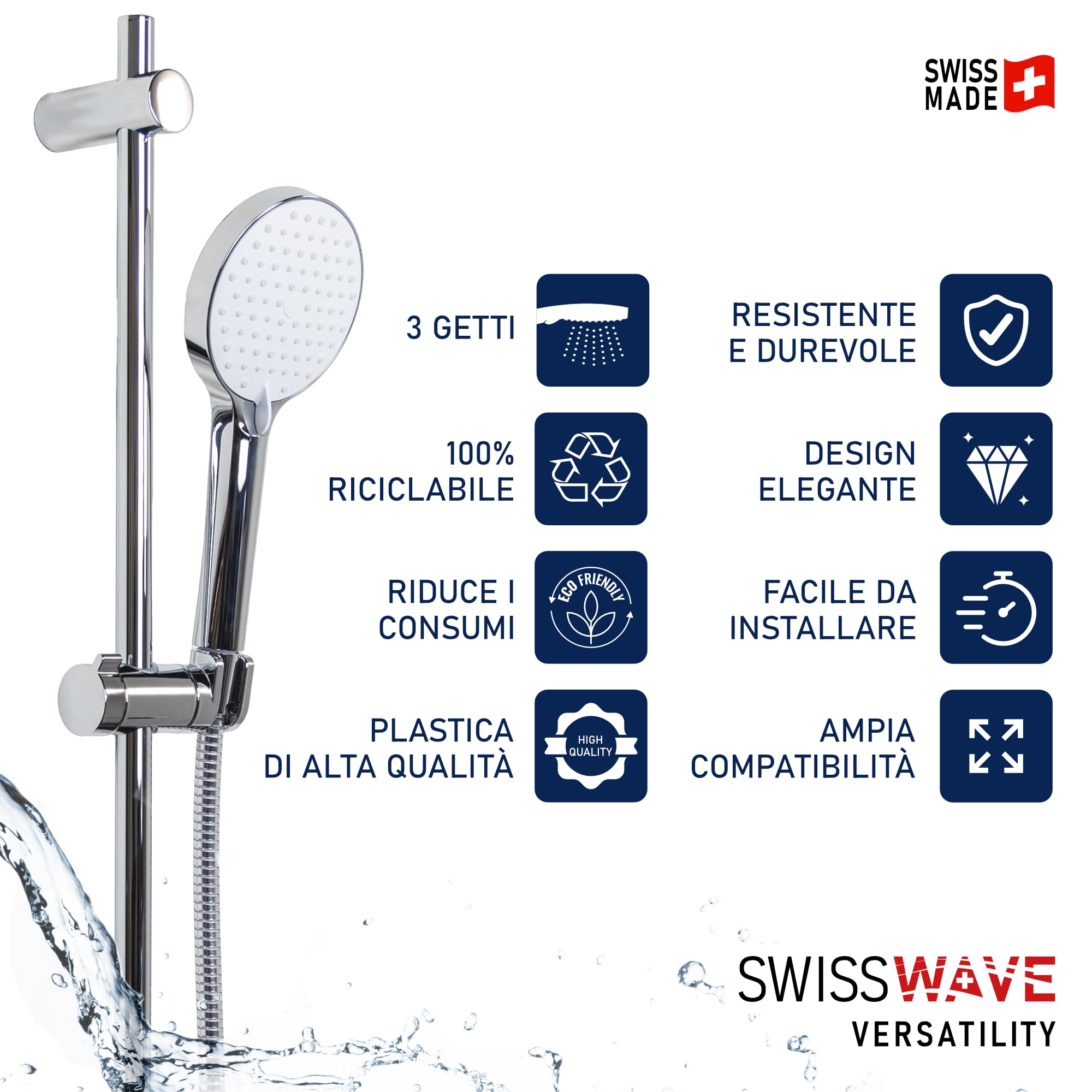 SwissWave - Kit Asta Doccia Reno 700mm con Doccetta 3 Getti e Flessibile 1600mm - Asta Acciaio Inox - Fissaggi Murali Regolabili - Installazione Semplice e Design Moderno - Argento/Cromo