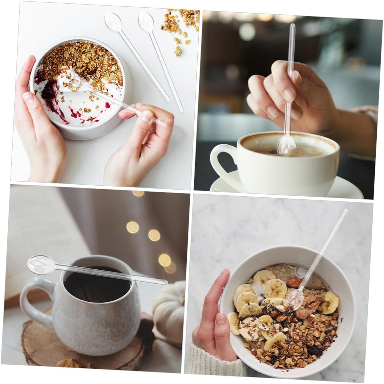 VICASKY Heat Resistant Clear Glass Mixing Spoon with Ergonomic Handle Long Handle Milk and Dessert Stirring Spoon for Coffee Reusable Kitchen Utensil with Rounded Head for Even Mixing and