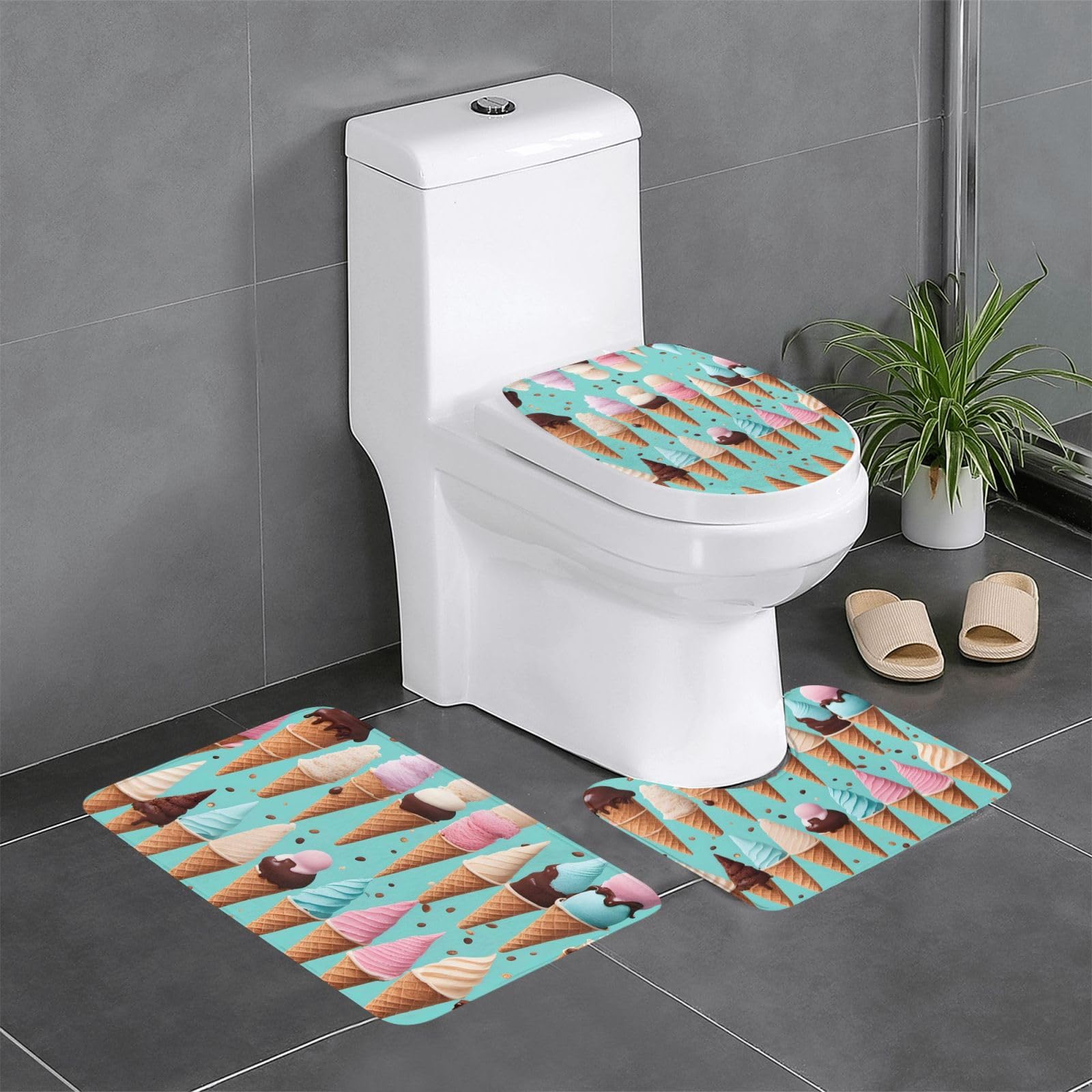 Tapis de bain antidérapants lot de 3 au motif cônes de crème glacée pour une salle de bain colorée