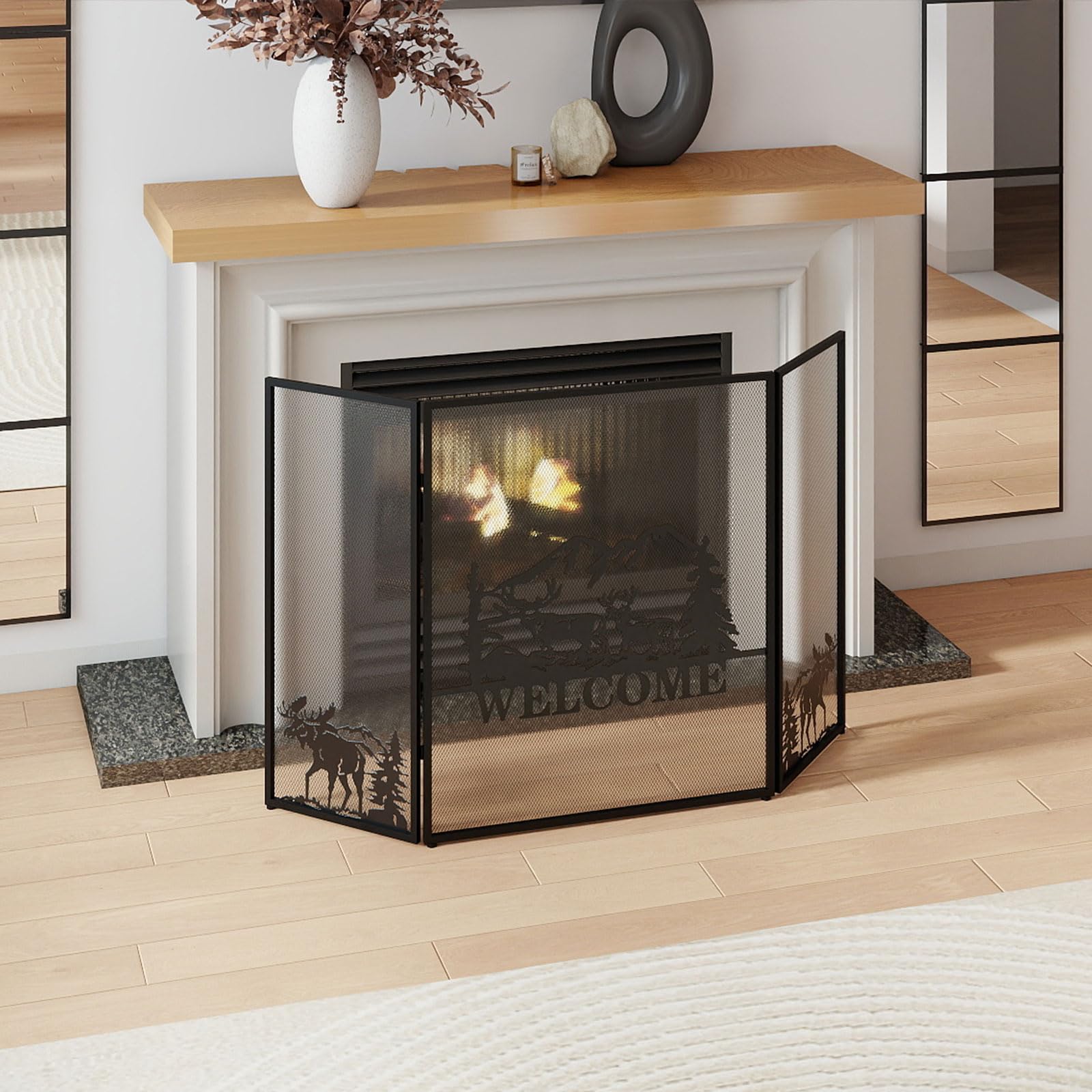 GOPLUS Pare Feu Cheminée Pliable 3 Panneaux en Fer, Écran de Cheminée Pare-Étincelles Pliable pour Décoration de Salon, Grille de Protection pour Cheminée Autoportante (Bienvenu, 132x79CM)