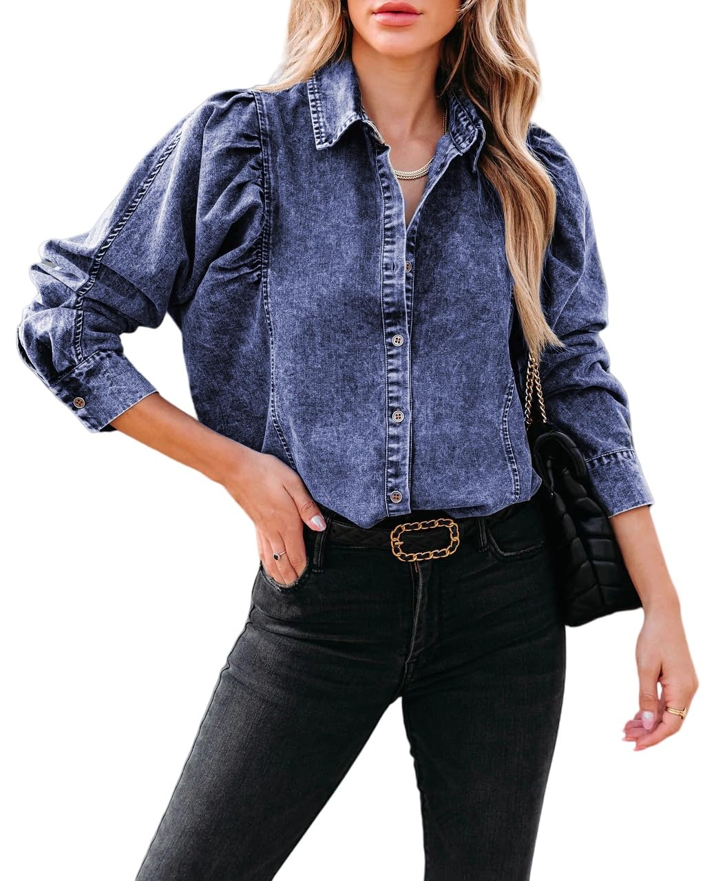 Blouse Femme Chemisier en Jean pour Femme Style Punk Vintage Froncé Manches Longues Bouffantes Tendance Col Boutonné Col en V Délavé Tunique Automne Ample Streetwear