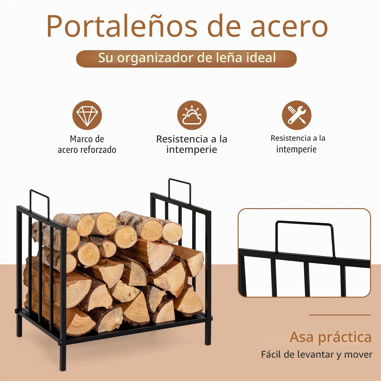 GOPLUS Soporte para Leña con Asa, Porta Leña, Capacidad 50 kg, Aspecto Elegante para Interior Exterior 46 x 31 x 46 cm