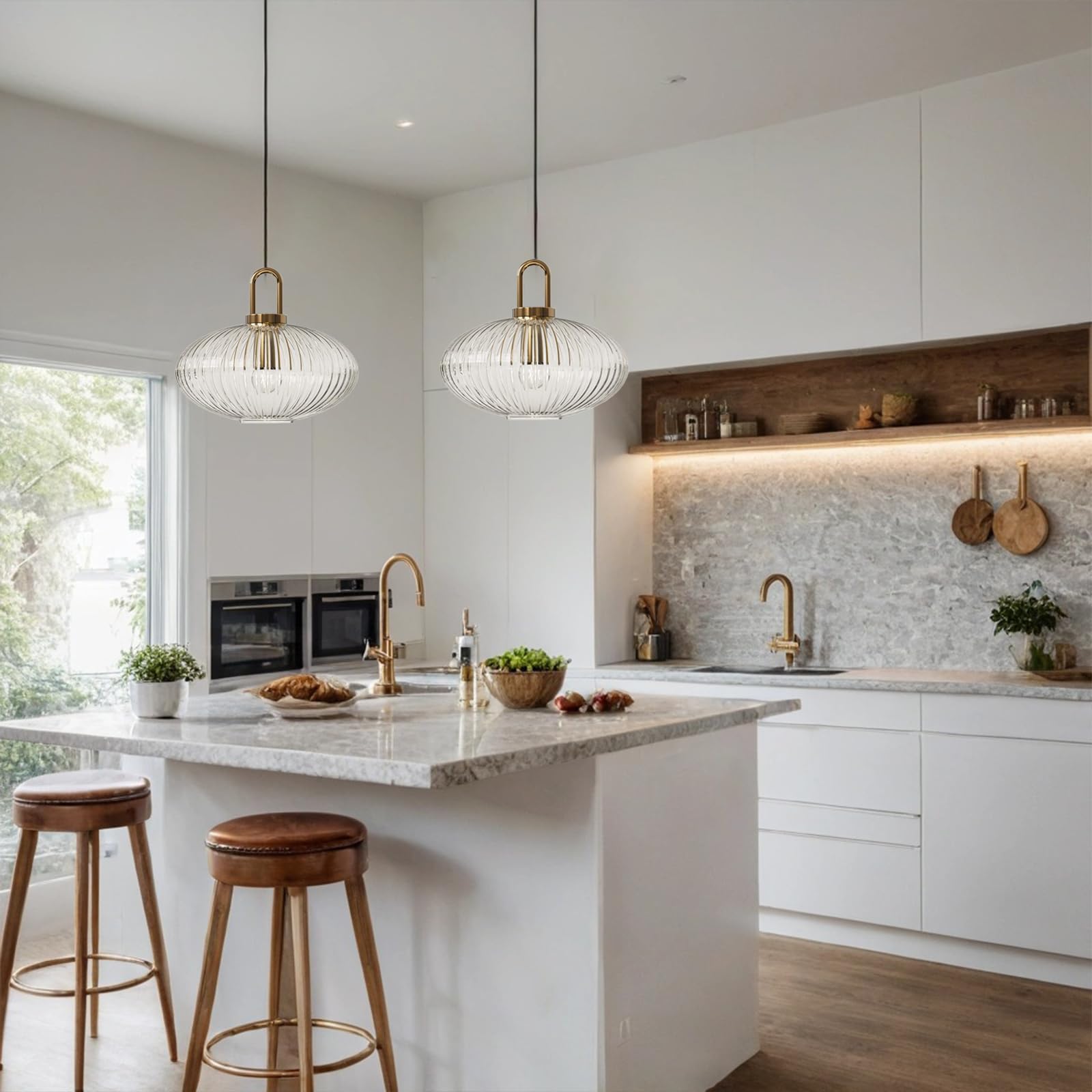 Lampadario Moderno in Vetro Trasparente a Righe, Lampada a Sospensione Regolabile con Finitura Ottone, Plafoniera E27 per Isola della Cucina, Sala da Pranzo, Camera da Letto (30cm)