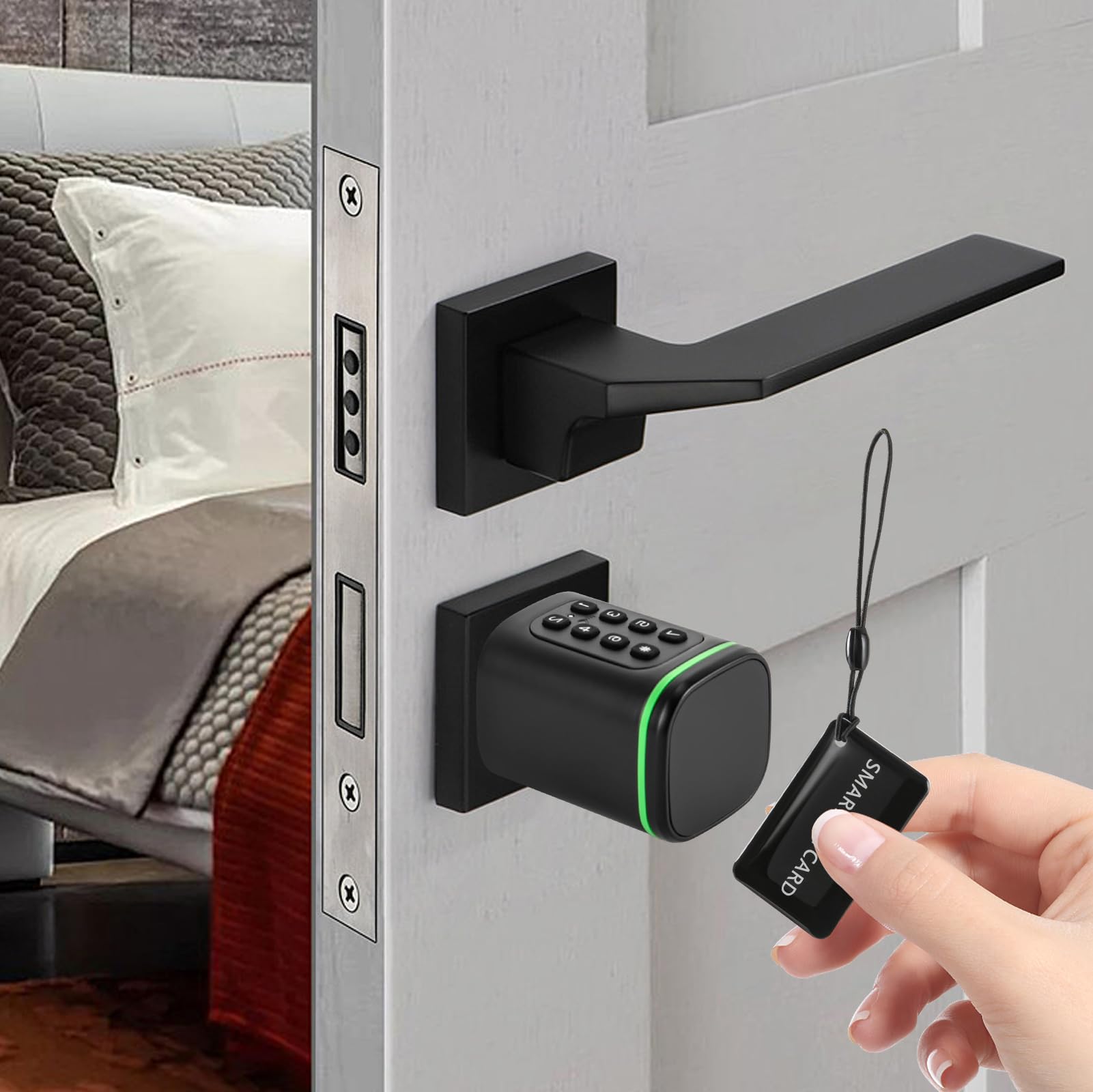 Serratura elettronica nera con codice numerico Smart Lock, serratura intelligente con chiave manuale, Smart Keycard, opzioni di sblocco app, per porte da 35 a 45 mm