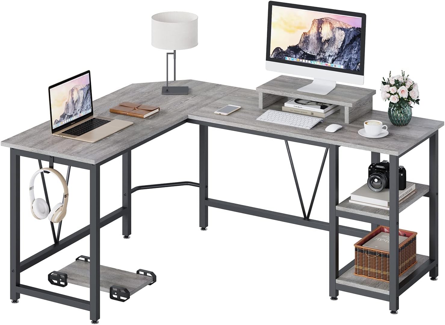 CASART L-Shaped Computer Desk, Wooden Study Writing Table Corner Desk