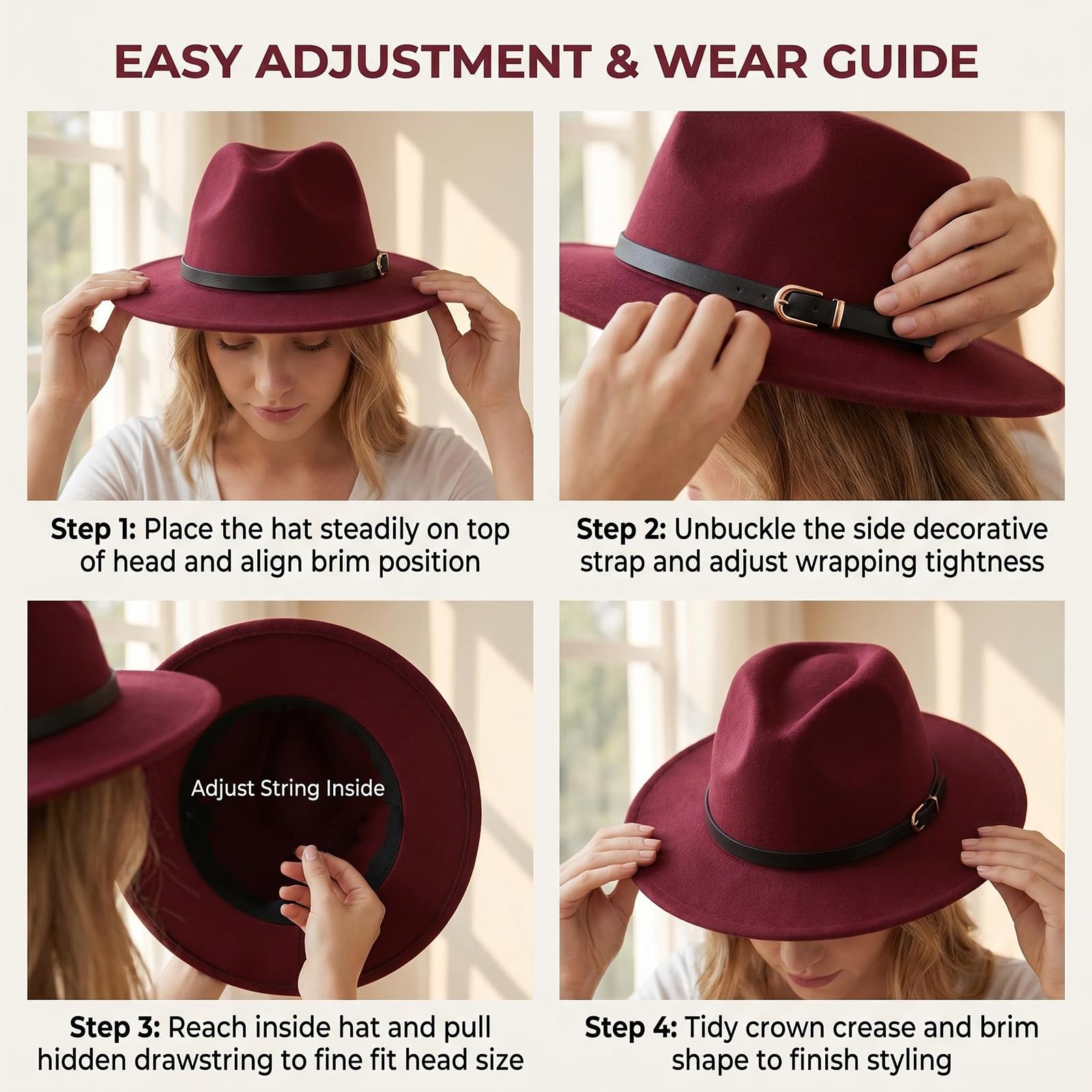 Chapeau Fedora unisexe à large bord avec boucle de ceinture réglable classique Panama Église Chapeau pour homme et femme
