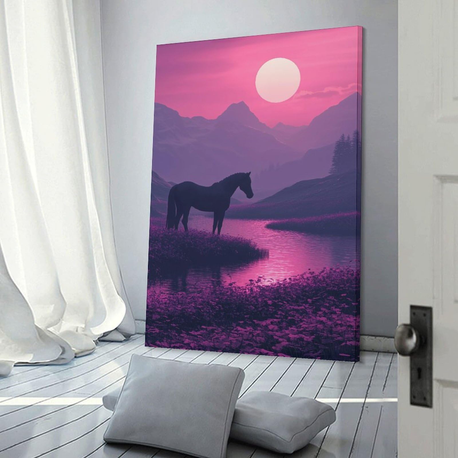 Junmoney Frame-Style-19 Decorative Wall Artwork Silhouette Horse Sunset Poster, Picture, Metal Print, Paint By Tesiga, 16X24inch(40X60cm), For New Homes, Bedrooms Or Workspaces, Canvas Artwork With Gifting Potential