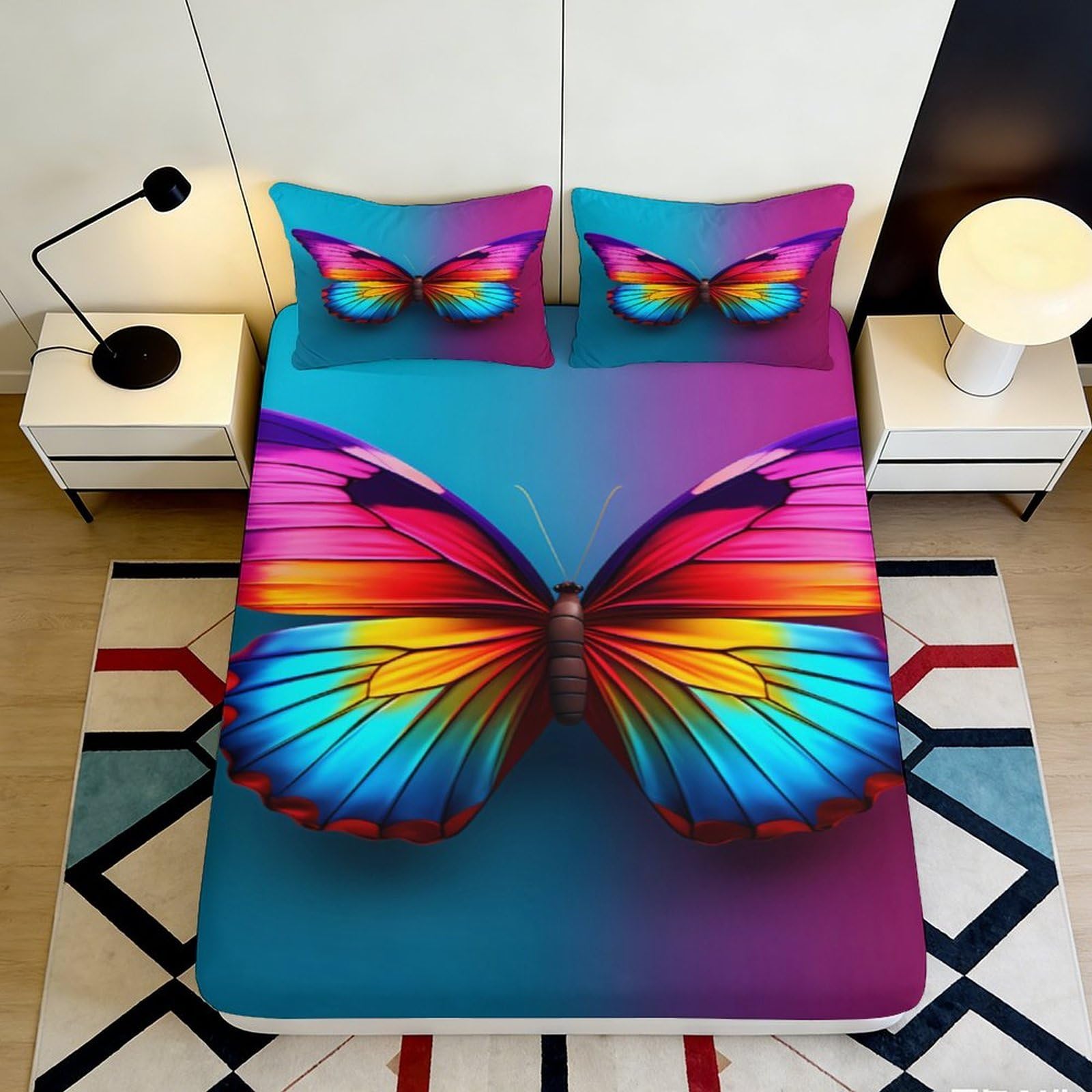 3D Printed Rainbow Butterfly Fitted Sheet Microfiber Soft Vibrant Colorful Butterfly Bed Cover for Bedroom Guest Room Decor 90x200x25cm