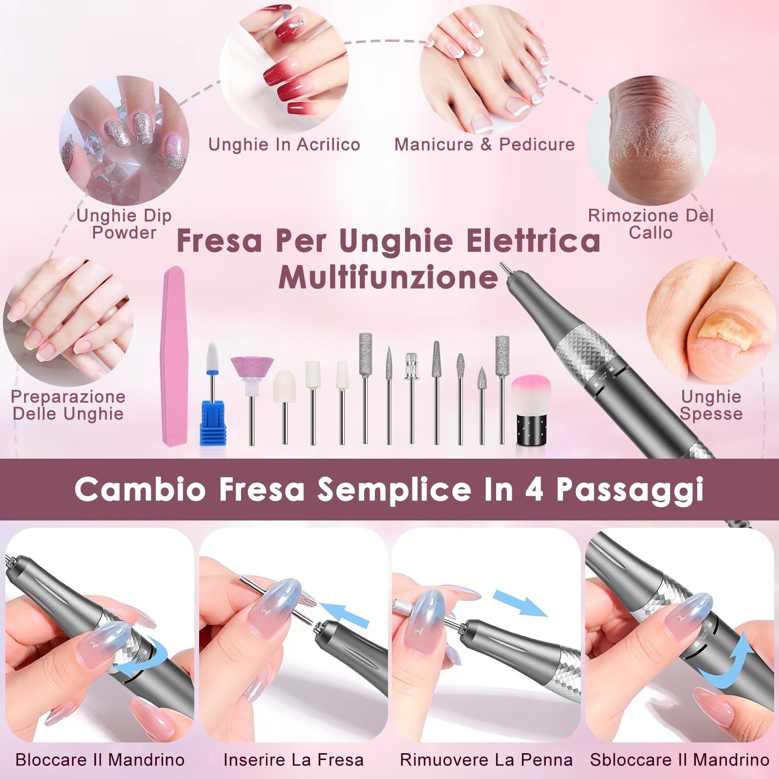 Dreamhigh® Fresa per Unghie Professionale 45000 RPM, Lima Unghie Elettrica, Fresa Unghie, Portable Nail File Kit, Manicure e Pedicure, Trapano Elettrico per Rimozione Gel/Smalto, Rosa