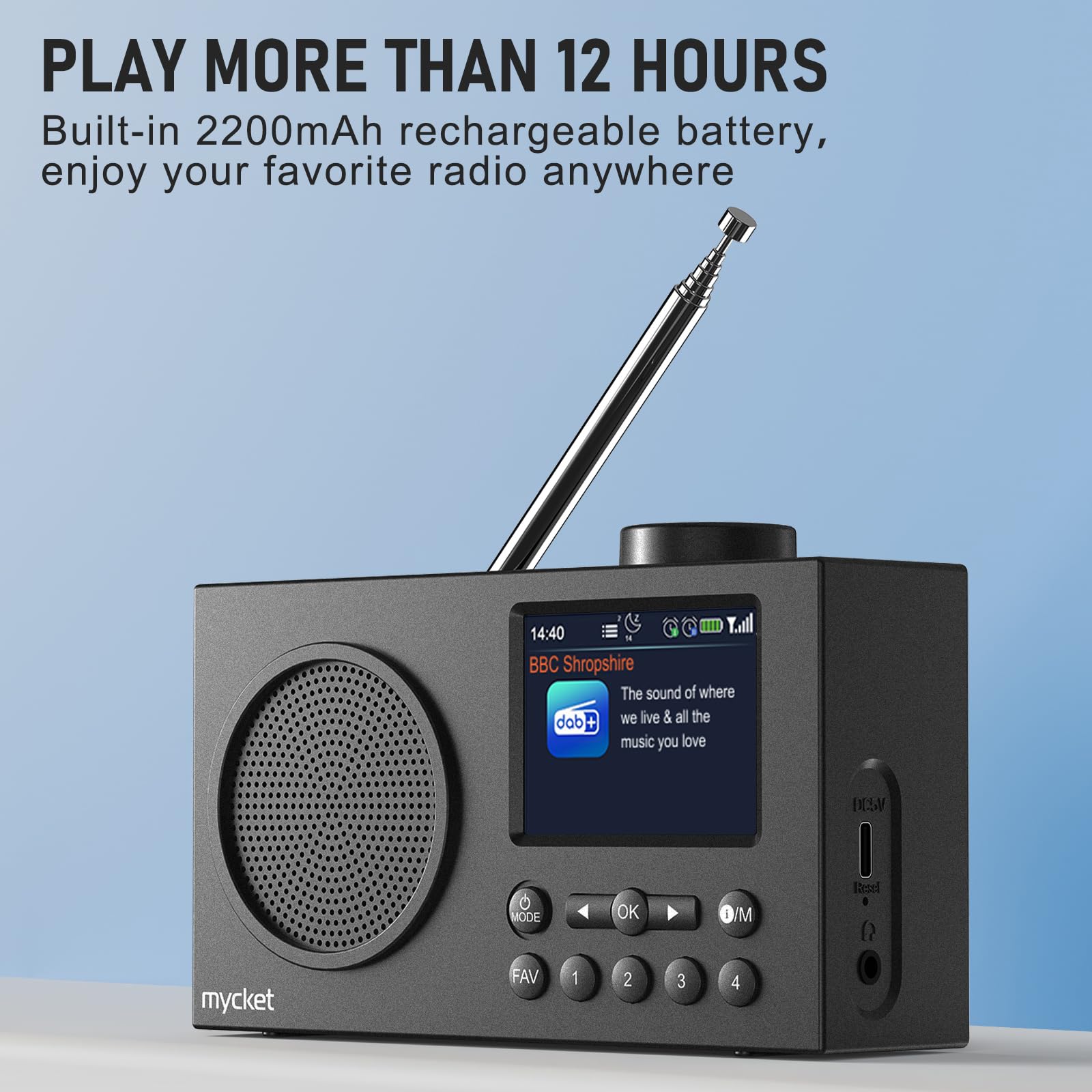 Mycket Portable DAB/DAB + Radio, FM Digital Radios avec 2025 Dernière Technologie de Récepteur de Signal, Radio Rechargeable avec Bluetooth 5.0,Double Réveil, 40 Préréglé, 2,4 "Grand Affichage Couleur