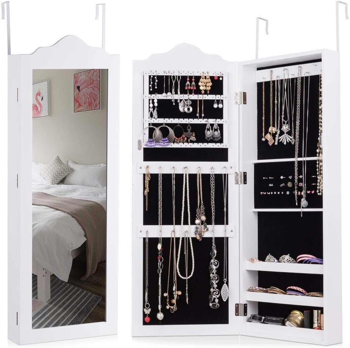 Wall Door Mounted Mirrored Jewelry Cabinet, WATERJOY Lockable Jewelry Armoire Storage Organizer White (Door Hanger Included)