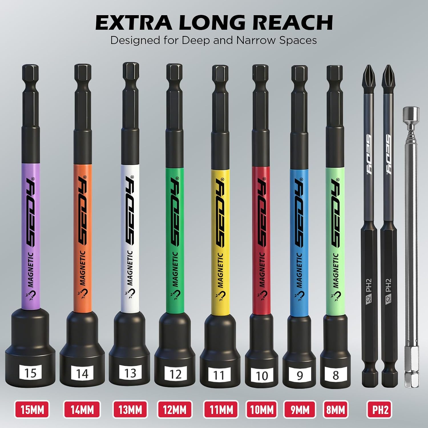 11PCS Magnetic Extra Long Nut Driver Set, Metric 8-15mm, 6" Impact Nut Drivers with PH2 Bits, 1.5lb Telescoping Magnetic Pickup Tool & Storage Rail, 1/4" Hex Shank, S2 Steel for Automotive Home Repair
