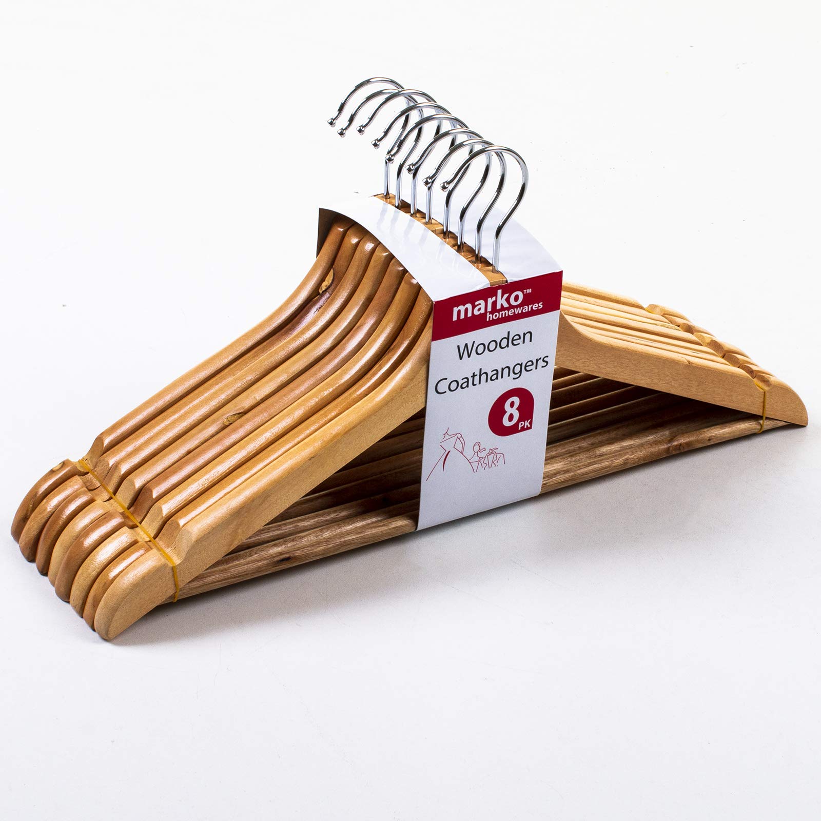 Marko Wooden Coat Hangers Clothes Coathangers Trouser Garments Hanging Shirt Skirt (8 Hangers)