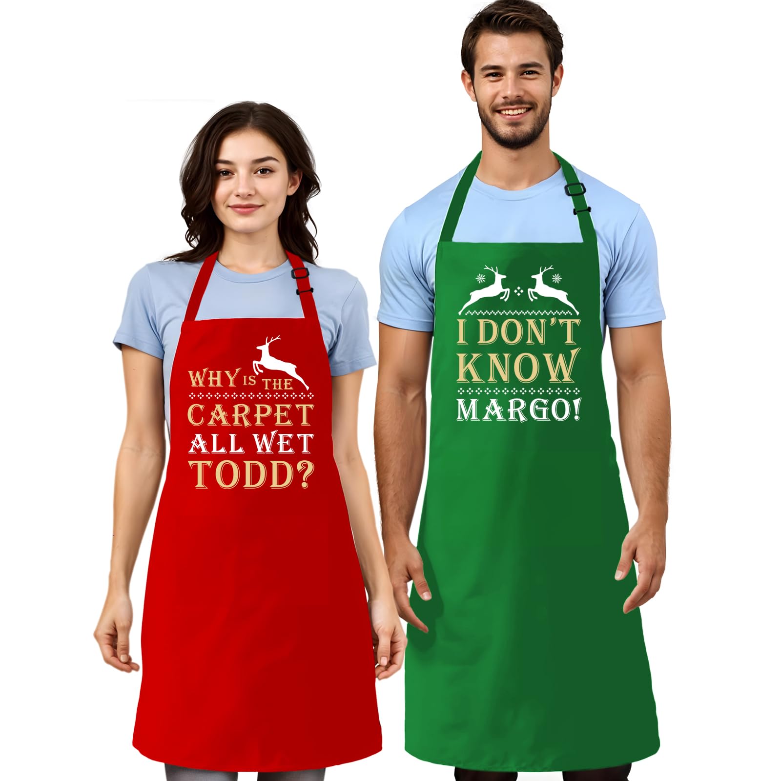 Christmas Vacation Gifts, 2 Pack Christmas Matching Aprons for Couples, Griswold Family Merchandise, Novelty Holiday Baking Aprons for Bakers - Why is The Carpet All Wet Todd? I Don't Know Margo