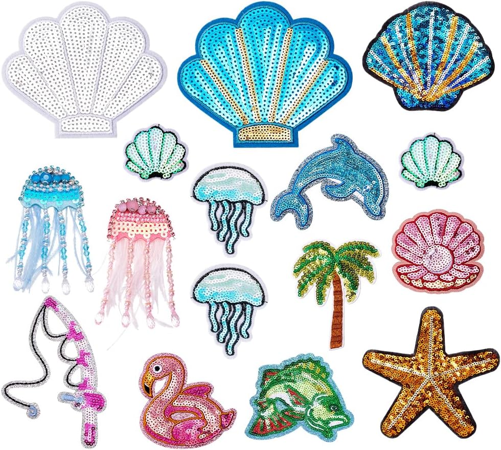 PH PandaHall 18pcs 14 Styles Ocean Sequin Iron on Patches, Summer Sea Embroidered Patches Shell Jellyfish Fish Dolphin Applique for Clothing Bags DIY Craft Christmas Decoration