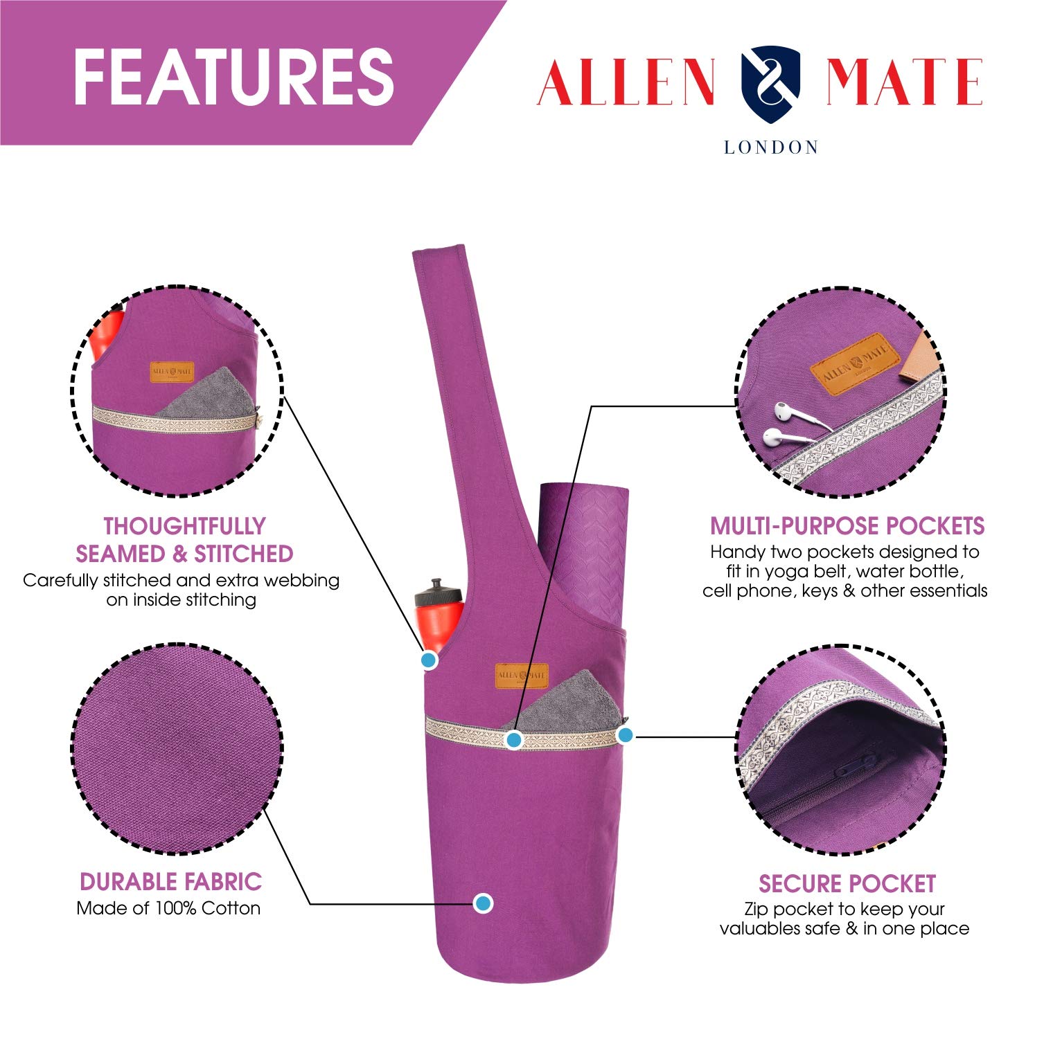 Borsa Per Tappetino Yoga Allen & Mate - Tasca Laterale E Con Cerniera | Design Londinese - Foto 9