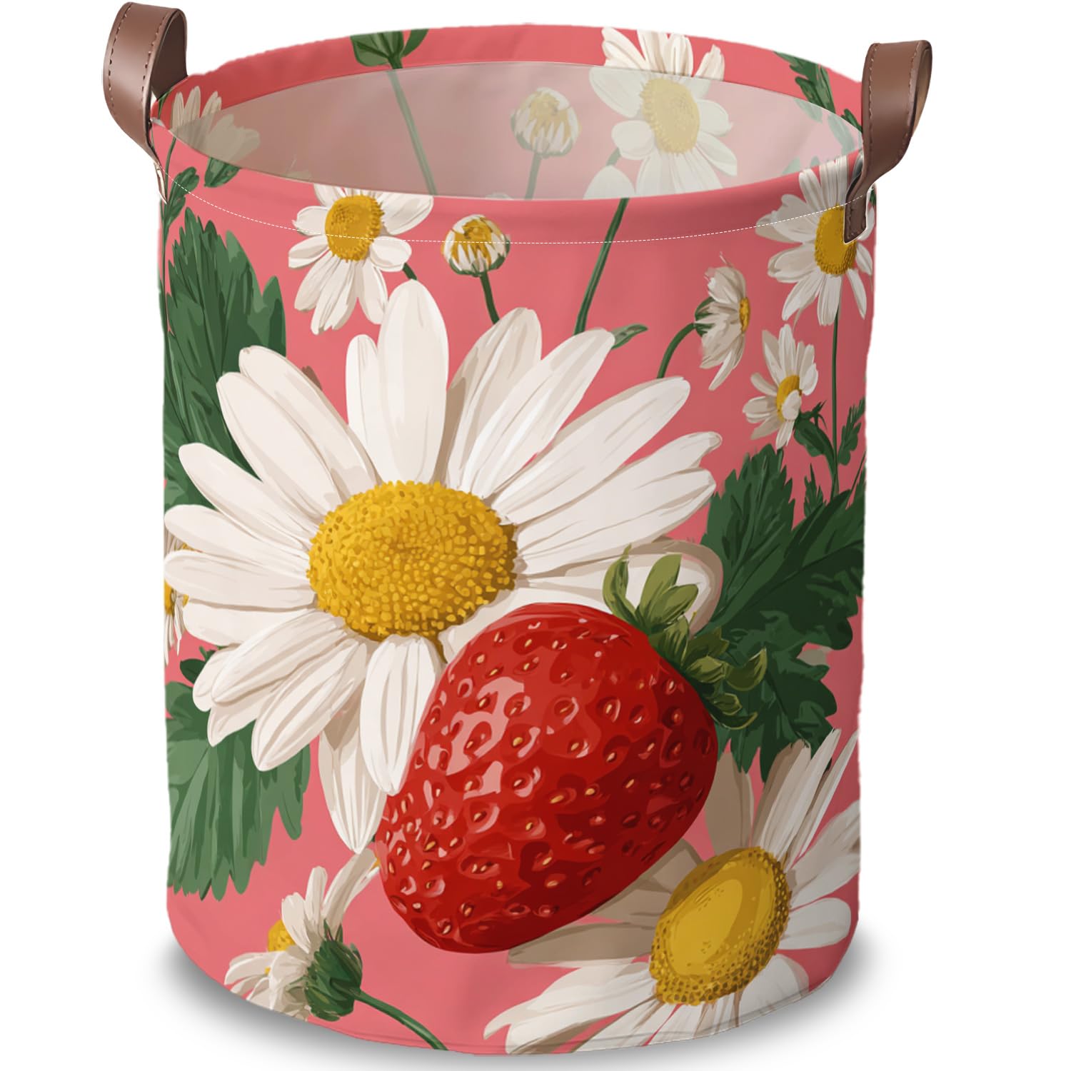 Strawberry Daisy Laundry Basket, Floral Hamper, 15.75x19.7in