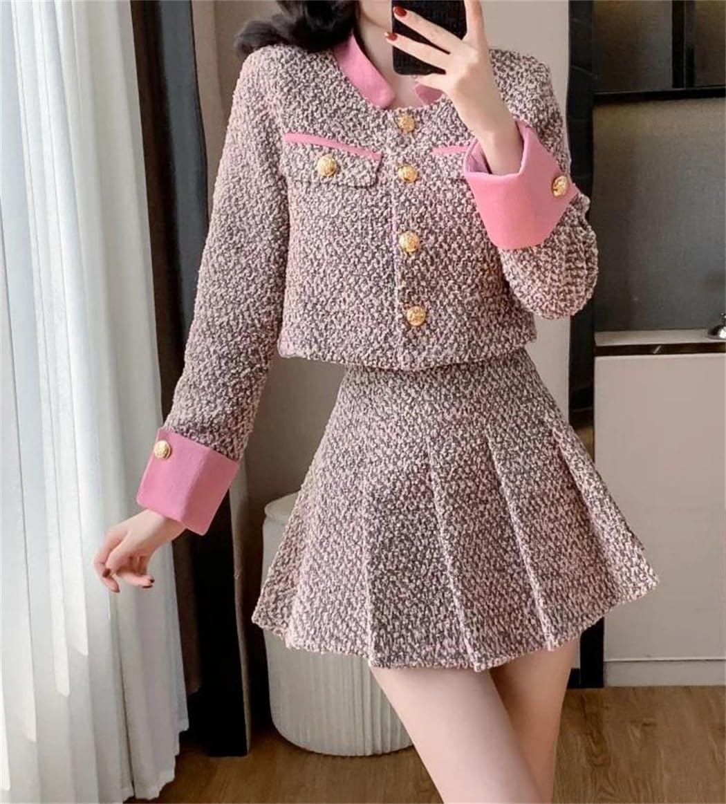 Women's Autumn Winter 2 Piece Set Elegant Small Suit Jacket with High Waist Pleated Skirt Classic Chic Style
