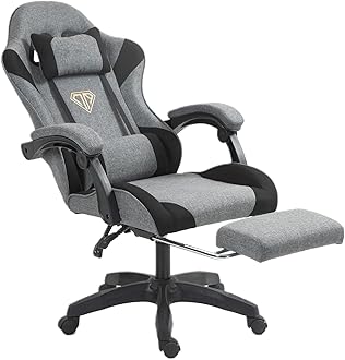 Gaming Chair, Fabric Computer Chair with Footrest and Lumbar Support, Height Adjustable Game Chair with 360° Swivel Seat and Headrest and for Office or Gaming Gunny
