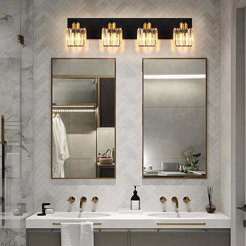 Miniatura 6 de Lámpara de tocador de baño de cristal negro y dorado, 4 luces de iluminación de baño sobre espejo, moderna iluminación de pared de cristal con