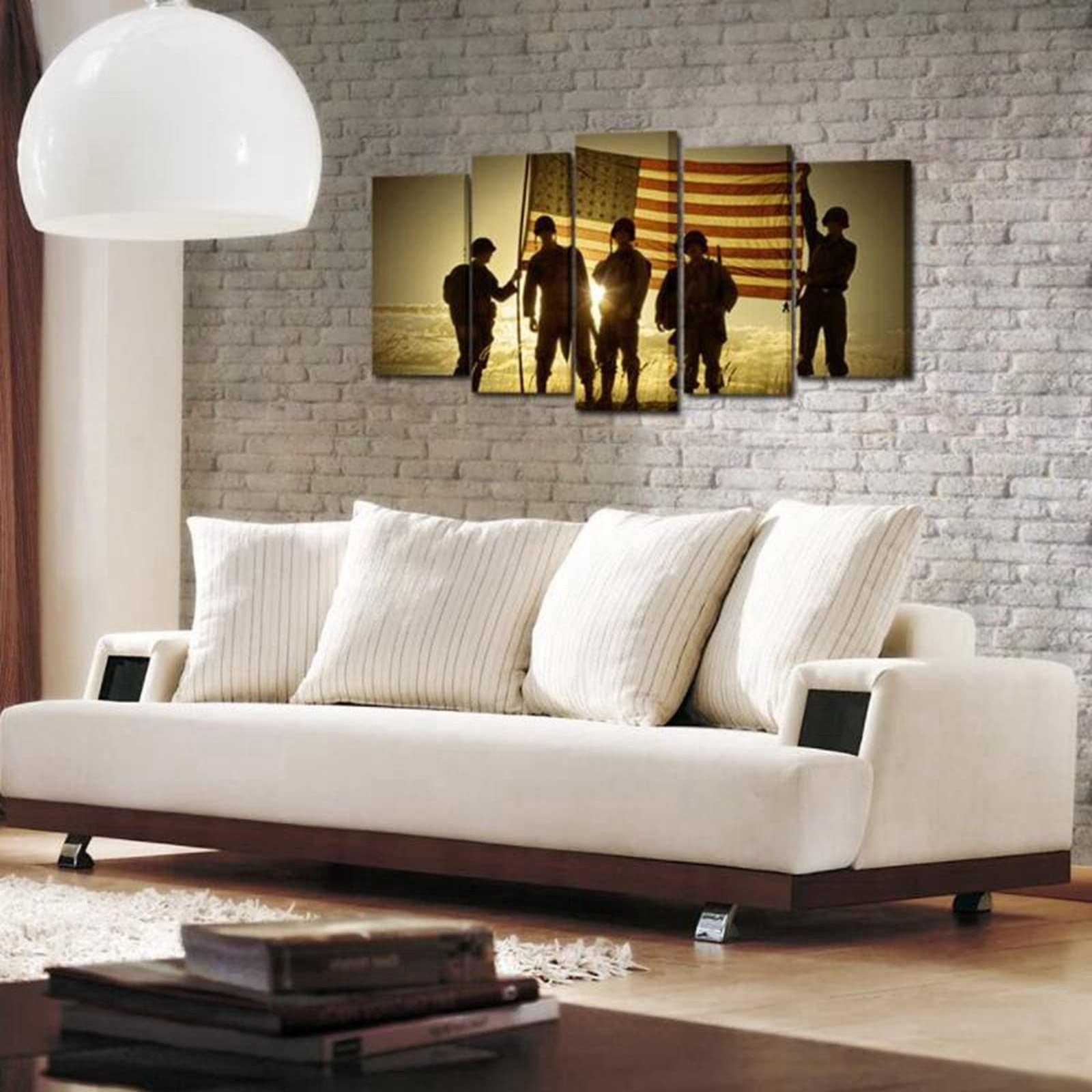Cuadro en Lienzo,Silueta De Soldados con Impresión De Pintura En Lienzo De Bandera Estadounidense, Fuerzas Armadas Vintage En Imágenes De Puesta De Sol Ilustraciones Framed,XL