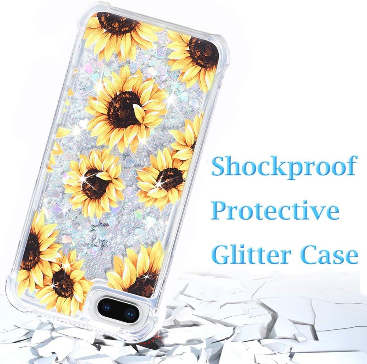 FLOCUTE iPhone 7 Plus Case, iPhone 8 Plus Glitter Floral Case Flower Bling Sparkle Floating Liquid Soft TPU Cushion Luxury Case for Girls Women Cute Case for iPhone 7 Plus 8 Plus 5.5 Inch (Sunflower)