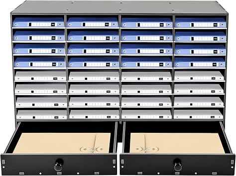 Literature Organizers, 32 Compartments Office Mailbox with Adjustable Shelves and 2 Drawers, Wood Literature Sorter 39.4*12*25.2in inches for Office, Home, Classroom, Mailrooms Organization
