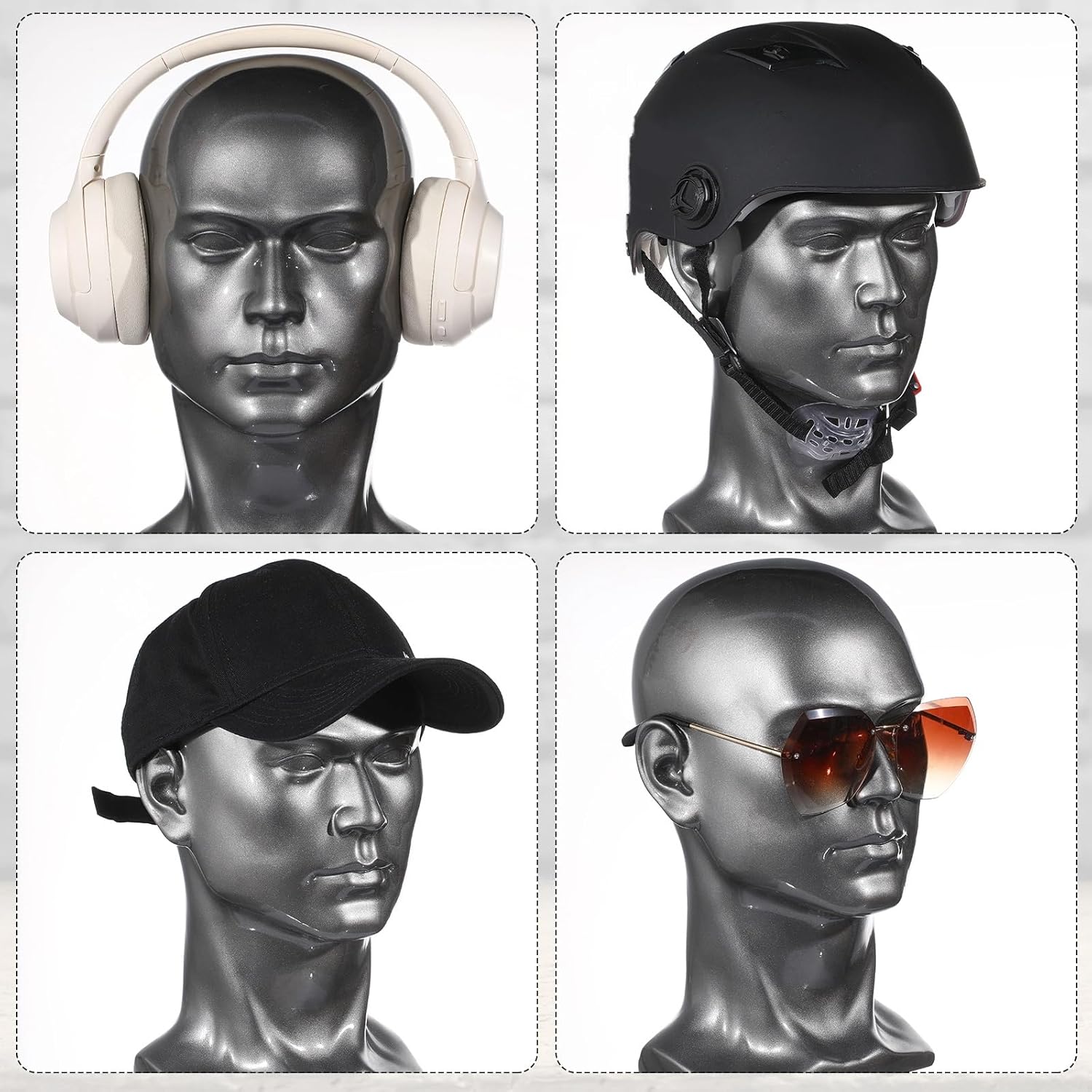 Geetery 2 Pcs Large Male Mannequin Head PVC Manikin Professional Man Head Model Silver Grey Display Stand for Display Wigs, Mask, Headset, Headphone, Hats, Jewelry, Hair, Glasses