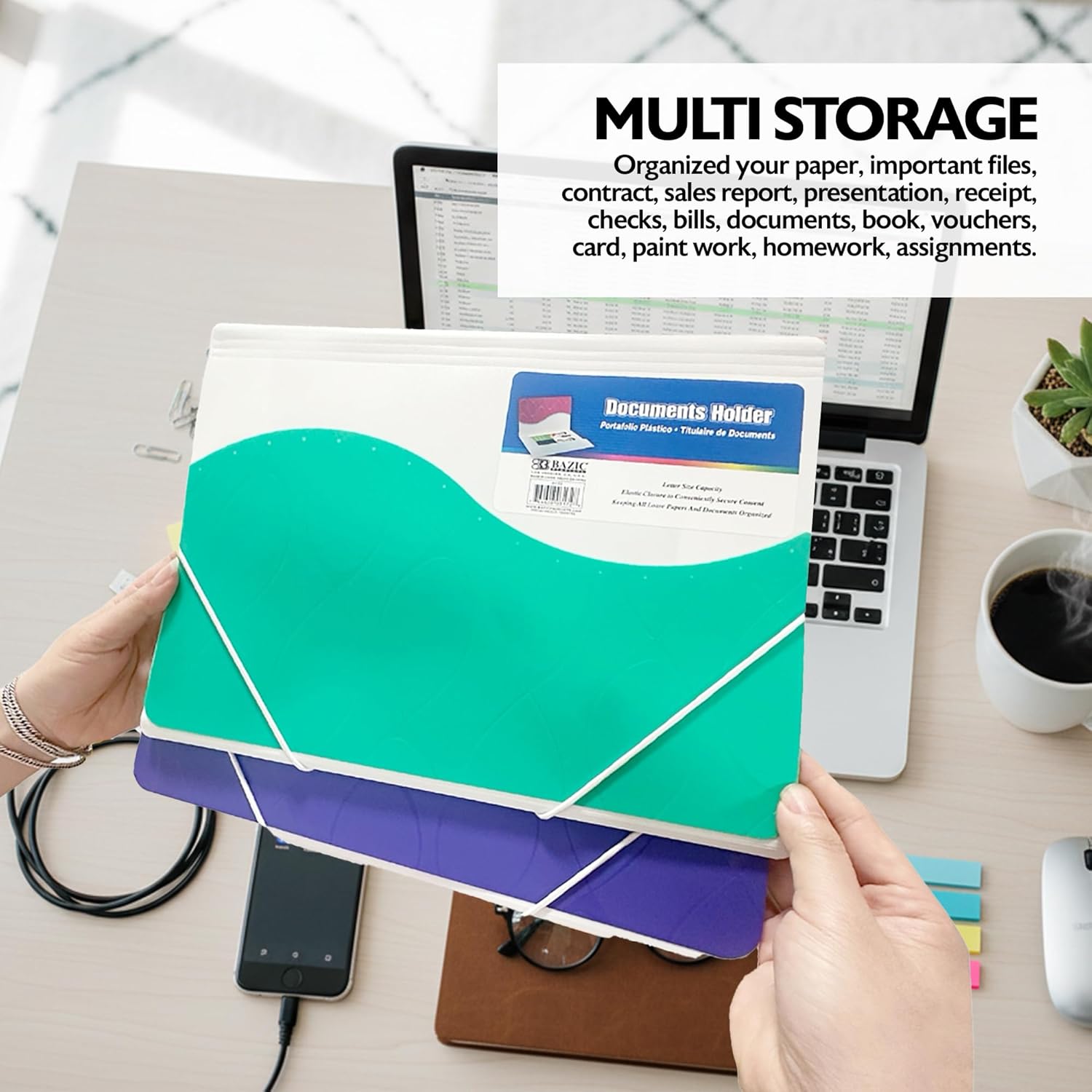 BAZIC Products Plastic File Folder Poly Envelopes, Letter Size Elastic Band Closure, A4 Size File Folders for Documents Paper, School Office Supplies, 24-Pack