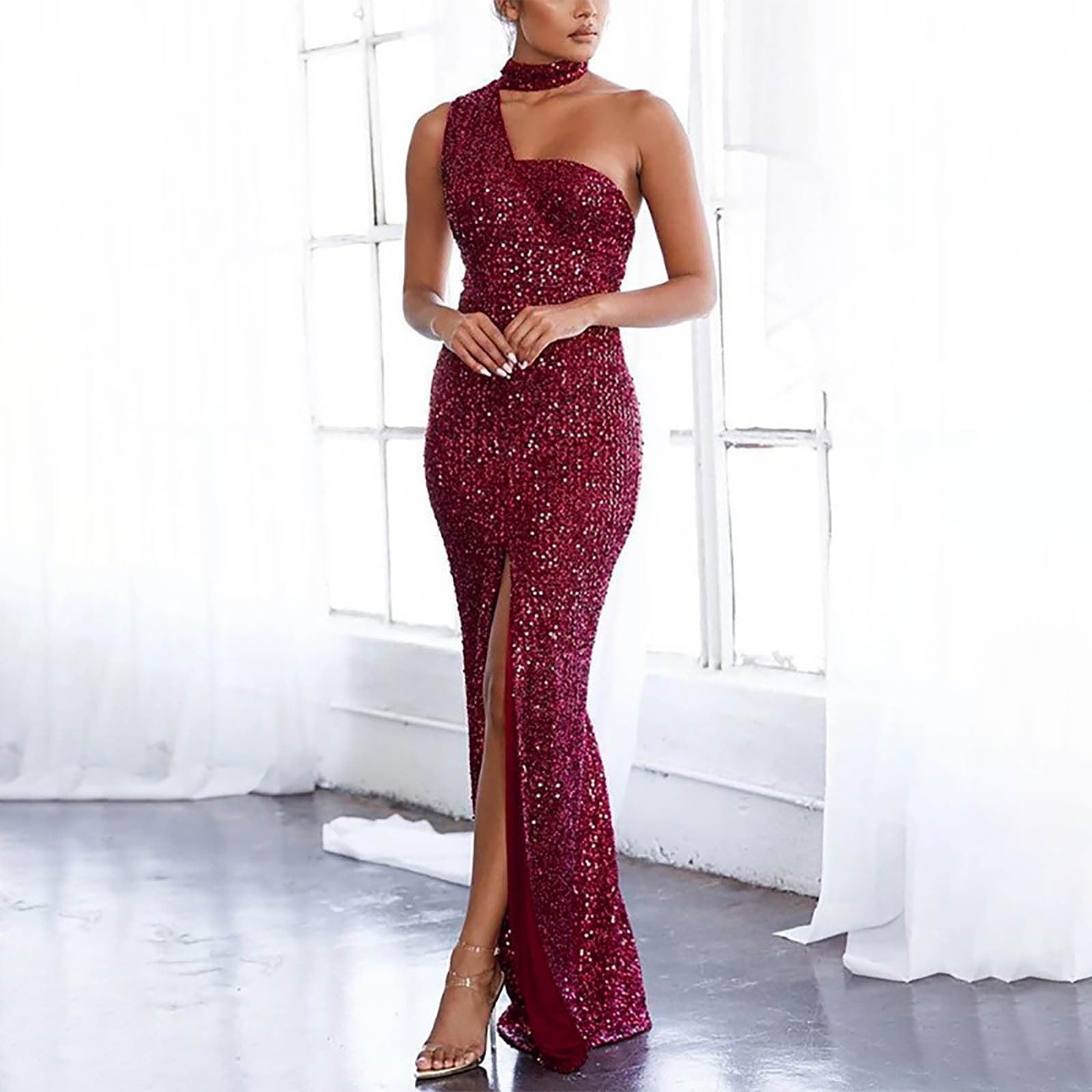 Robe De Bal De Cocktail Moulante sans Manches À Paillettes Scintillantes pour Femme Robe Femme Sexy Dos Nu Bodycon Dress Robe Col Halter Longue Pas Cher