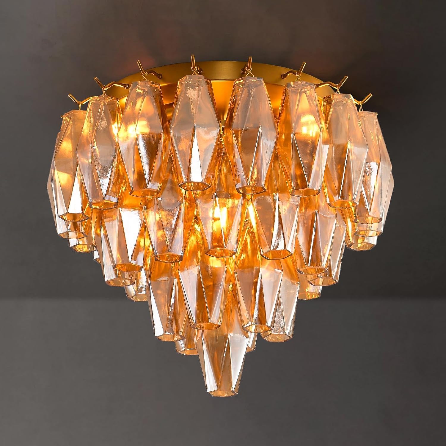 Modern Brass Semi Flush Mount Ceiling Light, 17'' 4-Light Gold Ceiling Fixture with Smoke Glass Tubes, Dimmable LED Included, for Dining Room, Living Room, Bedroom, Bathroom & Foyer