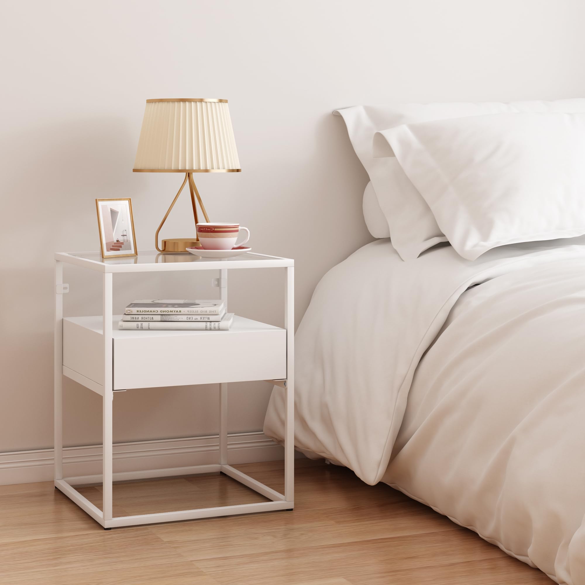 [en.casa] Mesa Auxiliar Vissenbjerg con Cajón Mesilla de Noche Versátil Cuadrada para Salón Dormitorio Cristal Templado y Acero 51 x 40 x 40 cm - Blanco Mate