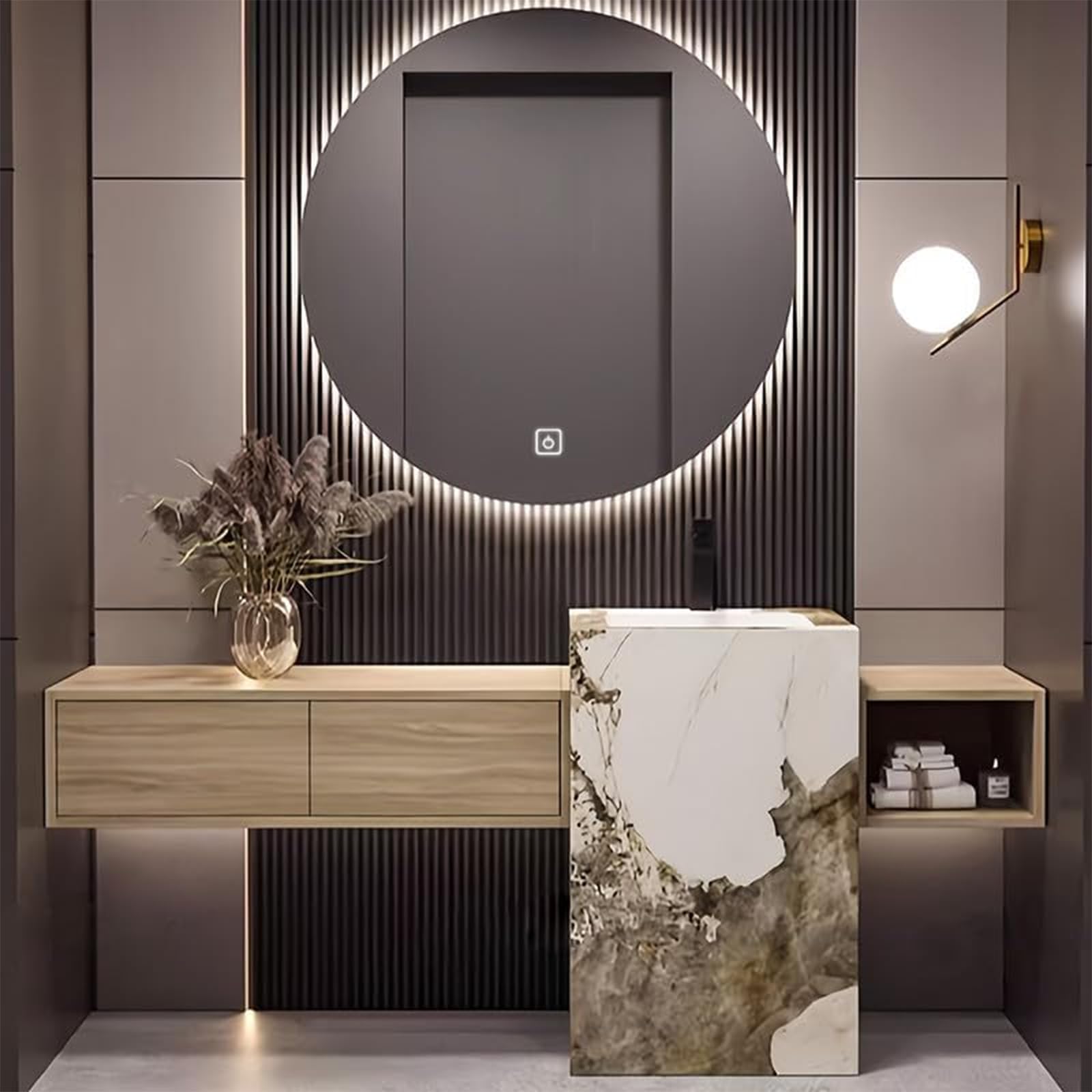 Bathroom Vanity 52 Inch, Bathroom Vanity with Freestanding Marble Sink, Luxury Bathroom Vanity Set with Smart Defog Round Mirror, Closed Drawers and