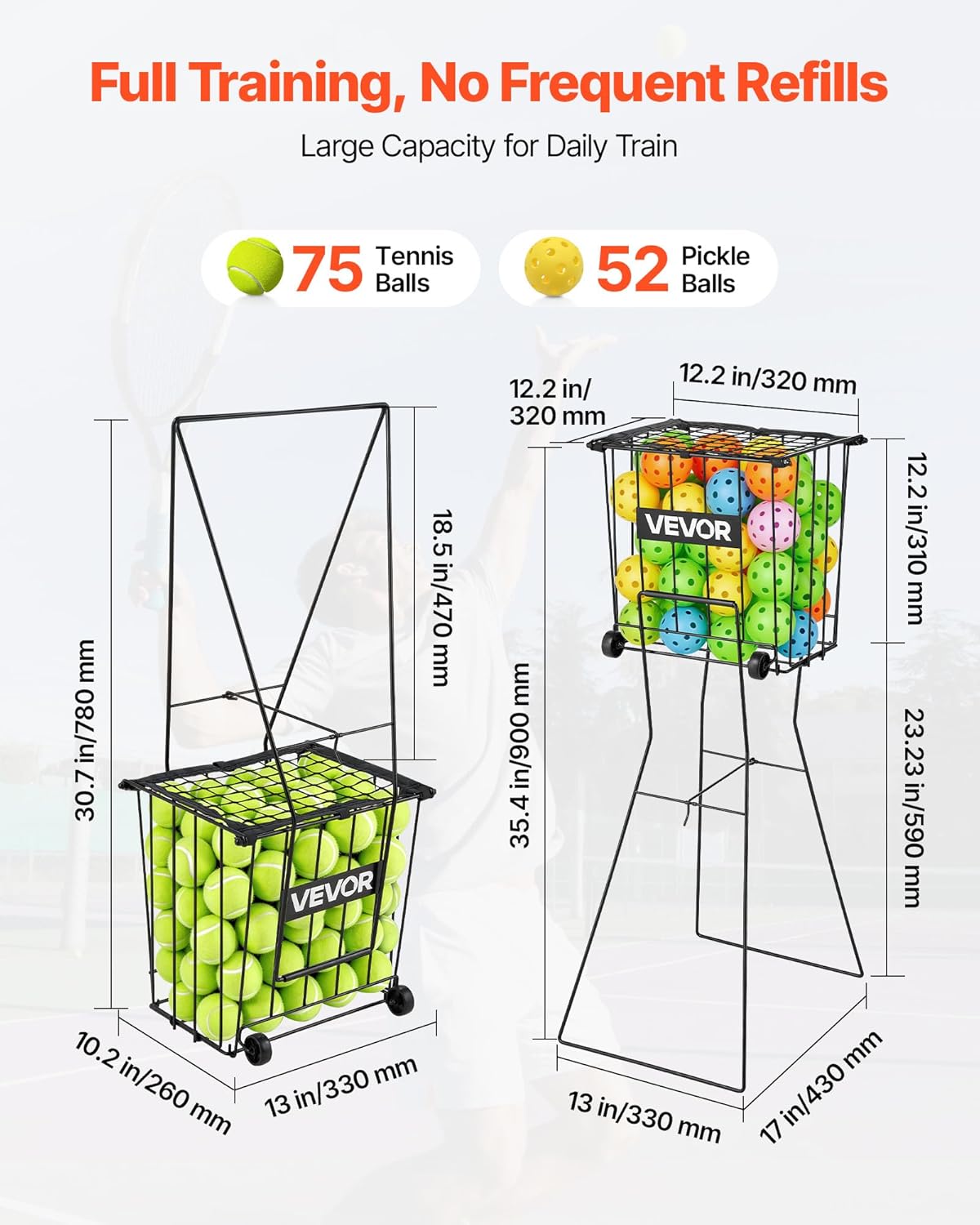VEVOR Tennis Ball Hopper, Holds 75/80 Tennis Balls, Pickleball Basket Cart with Wheels for Easy Pick Up, Portable Pickleball Caddy with Heavy-Duty Construction for Training Carrying Storage