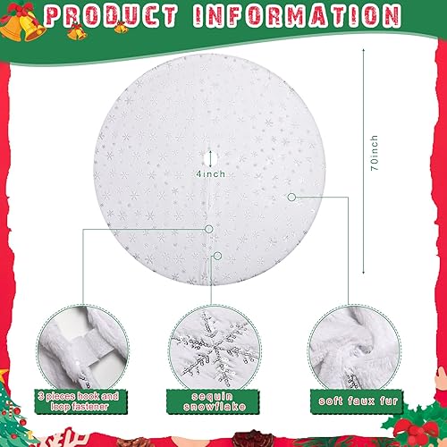 Miniatura 2 de Falda grande de árbol de Navidad de 70 pulgadas, piel sintética blanca con lentejuelas, copos de nieve plateados para decoración de árbol de